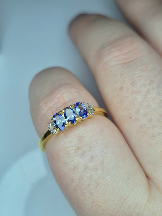 Tanzanite & Natural Diamond Ring in 9K Gold overlay 925 sterling silver N,R,S