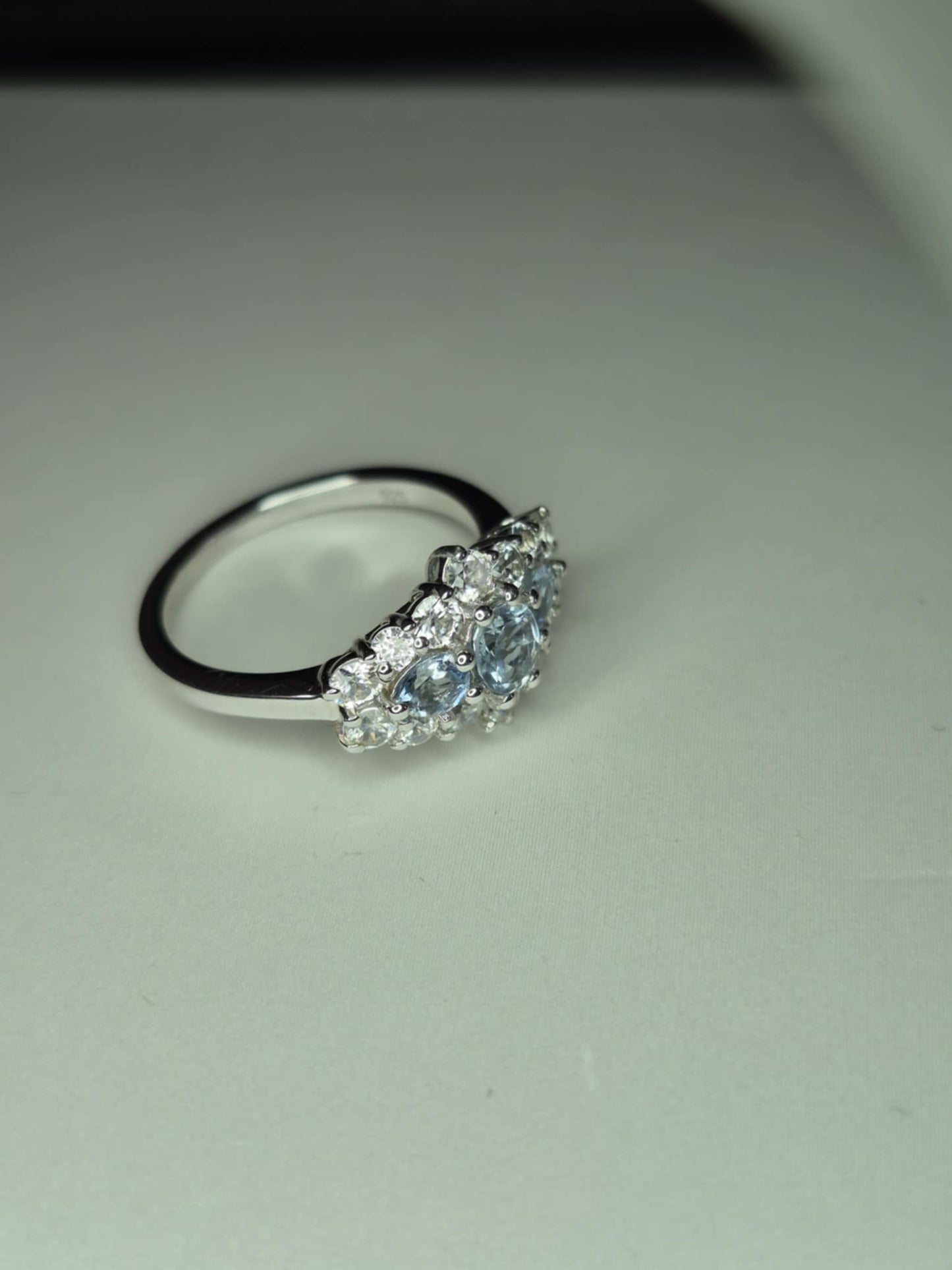 Santamaria Aquamarine & Zircon Boat Ring in Rhodium Overlay 925 Sterling Silver SIZE M