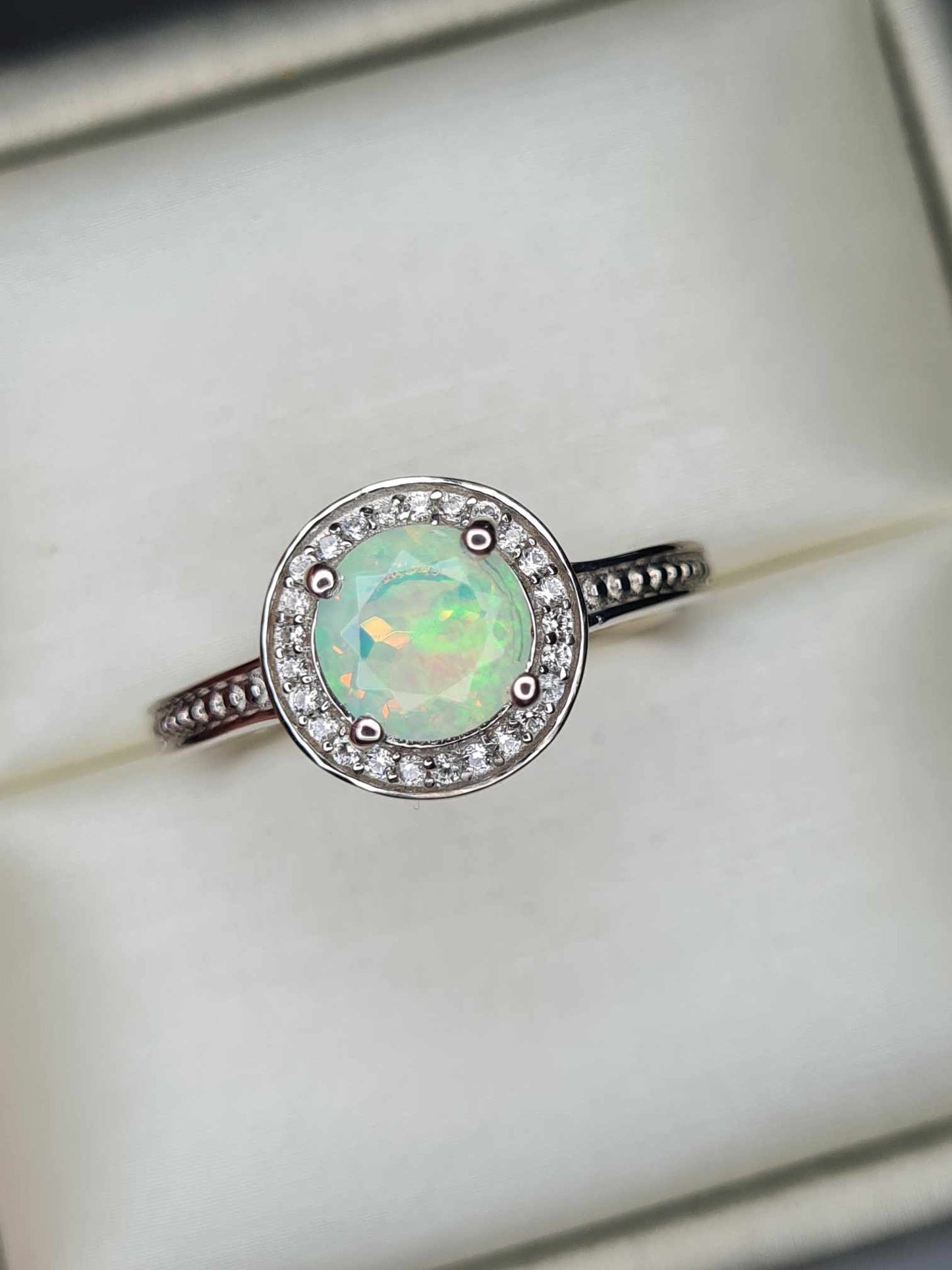 1ct Ethiopian Welo Opal & Natural Zircon Halo Ring in Platinum Overlay 925 Sterling Silver