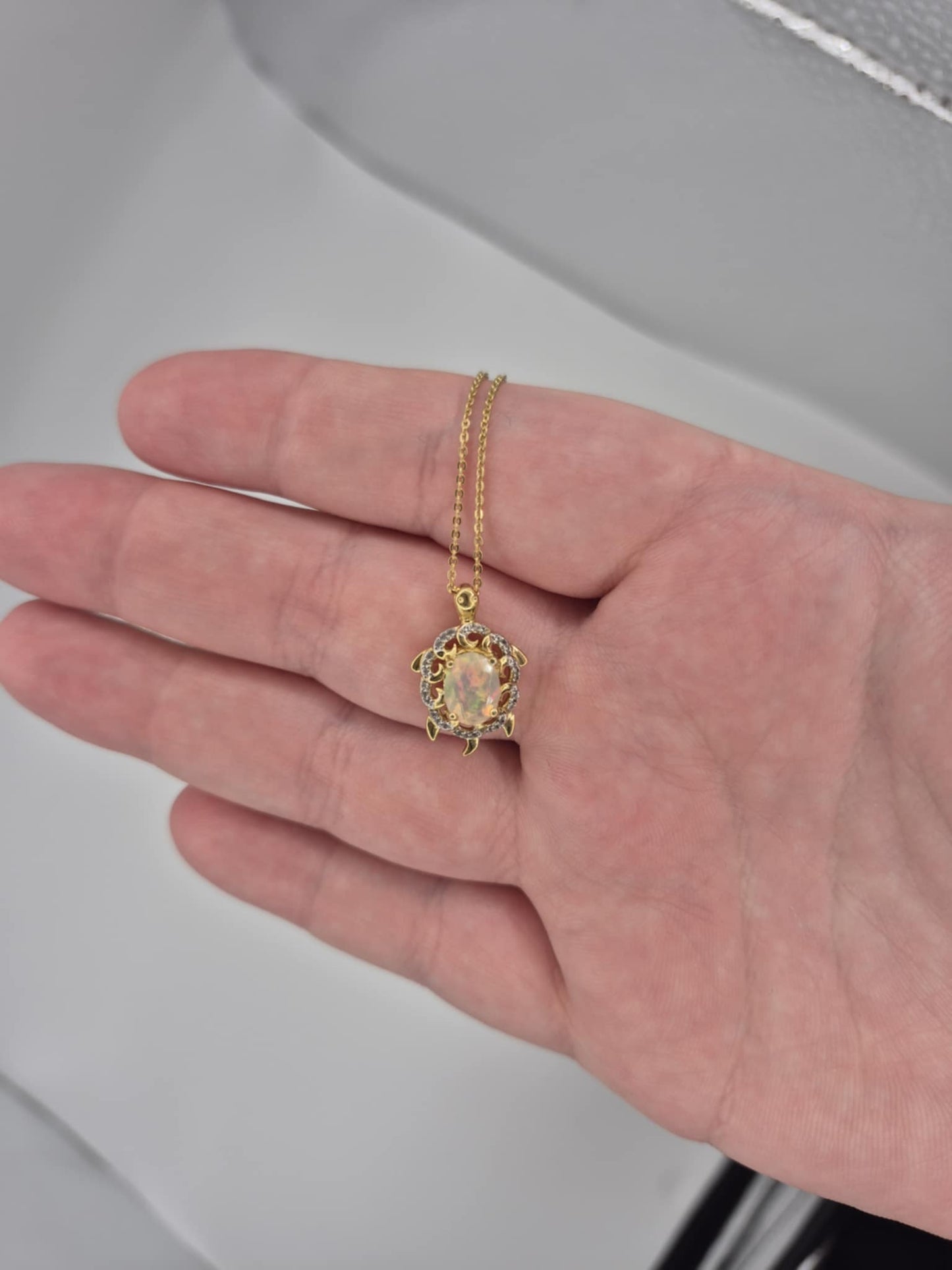 1.38ct Ethiopian Opal, White Zircon Turtle Necklace 18K Gold Overlay 925 Sterling Silver