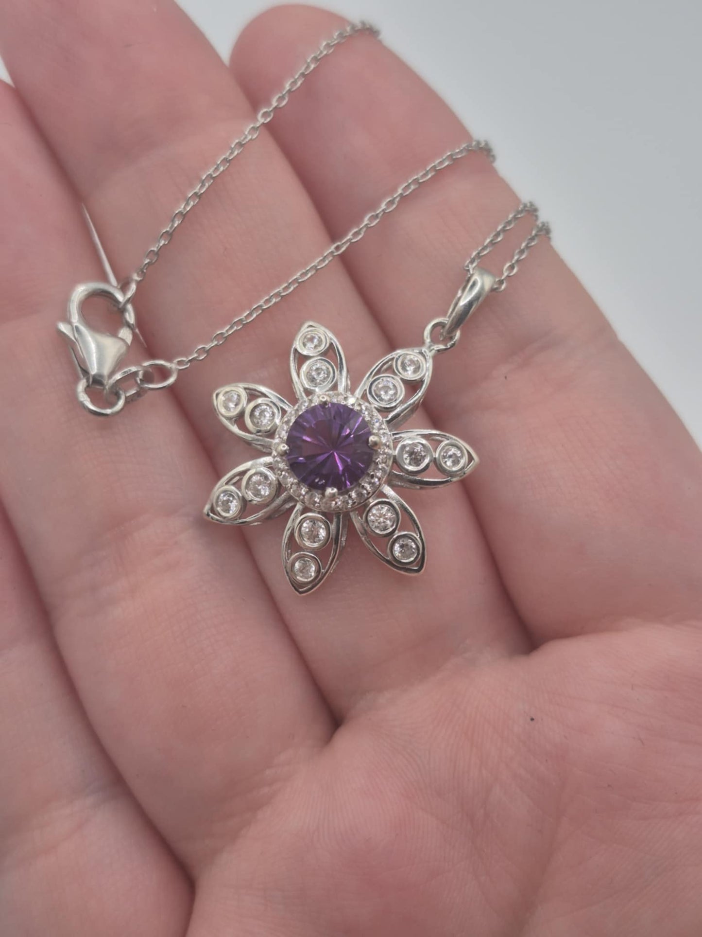 2.220ct. Flower Amethyst & White Zircon Necklace in Rhodium Overlay 925 Sterling Silver