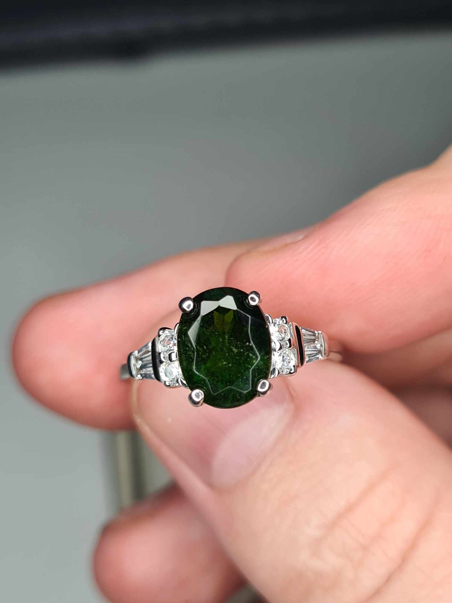 2.40ct Natural Russian Diopside and Natural Zircon Ring 925 Sterling Silver SIZE N