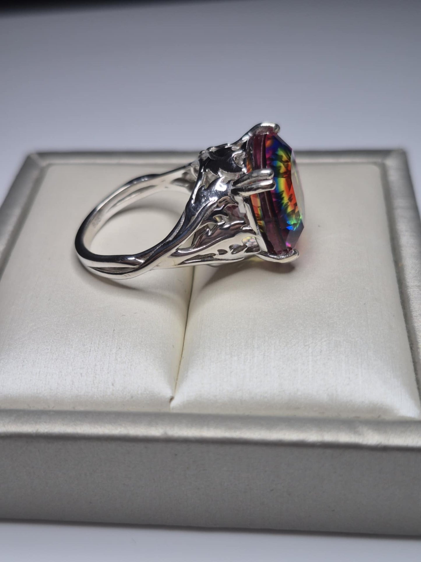 11.06ct Nebula Quartz Doublet Solitaire Ring in Rhodium Overlay 925 Sterling Silver