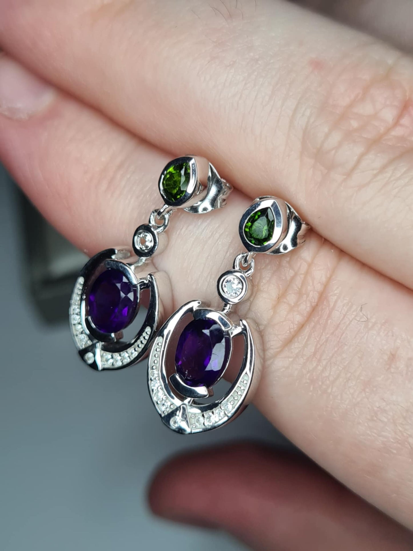 AAA African Amethyst, Natural Chrome Diopside & White Zircon Dangling Earrings 925 Sterling Silver