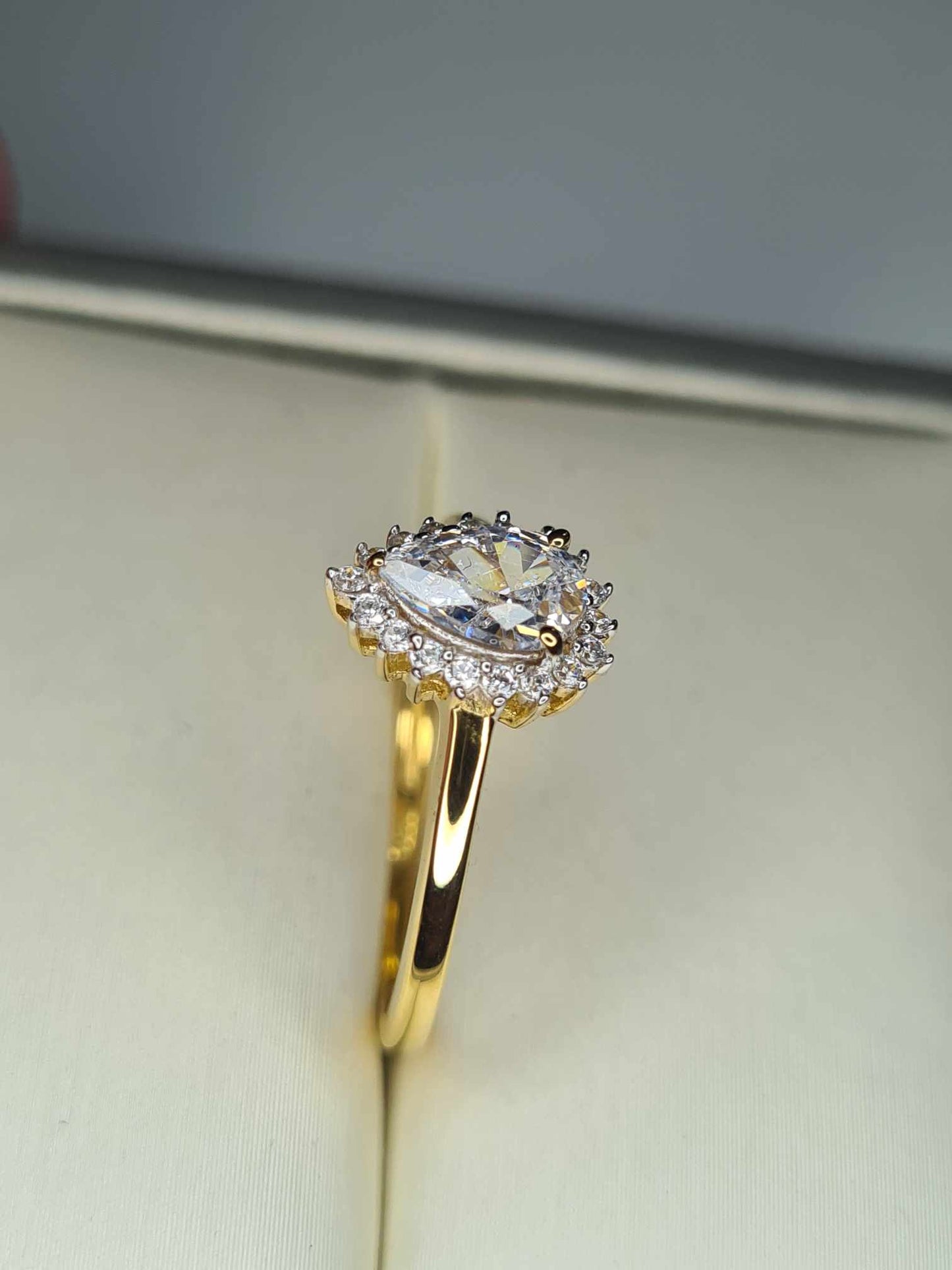 1.280ct Cubic Zirconia Pear Cut Halo Ring 18k gold overlay 925 sterling silver SIZE L