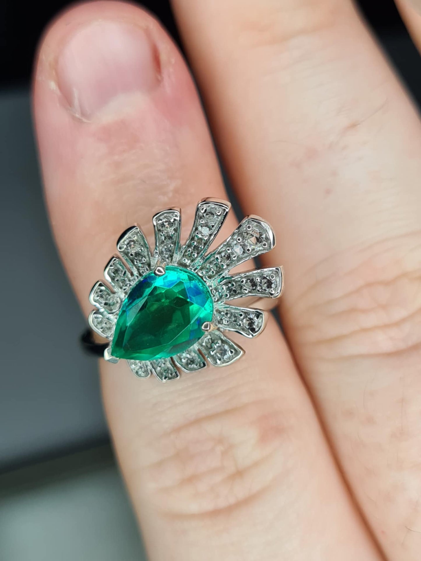 2.59 Ct Peacock Triplet Quartz, White Zircon Ring in 925 Sterling Silver SIZE K