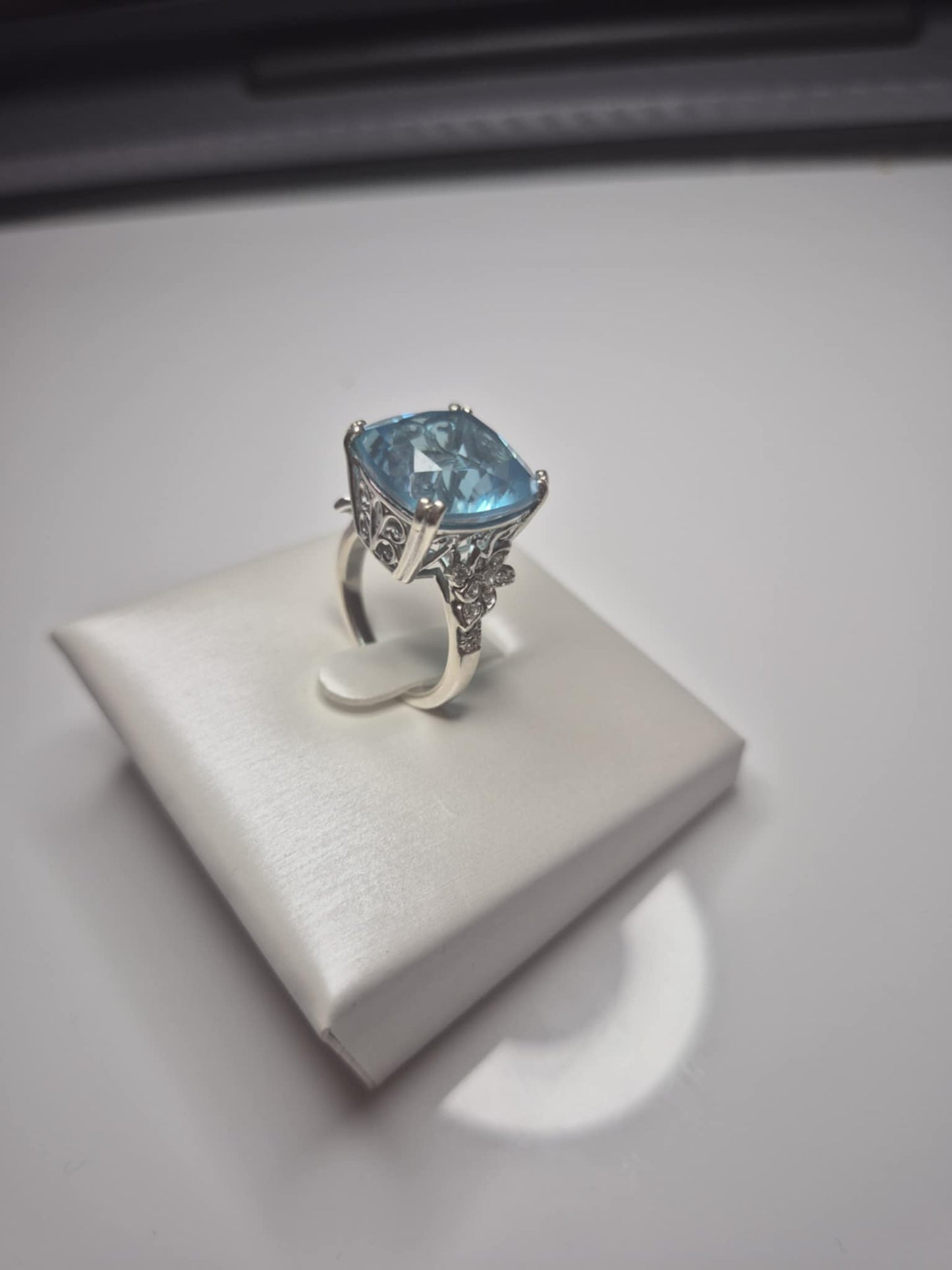 11.37ct Radiant Glacier Quartz & White Zircon Solitaire Ring in Rhodium Overlay 925 Sterling Silver SIZE L