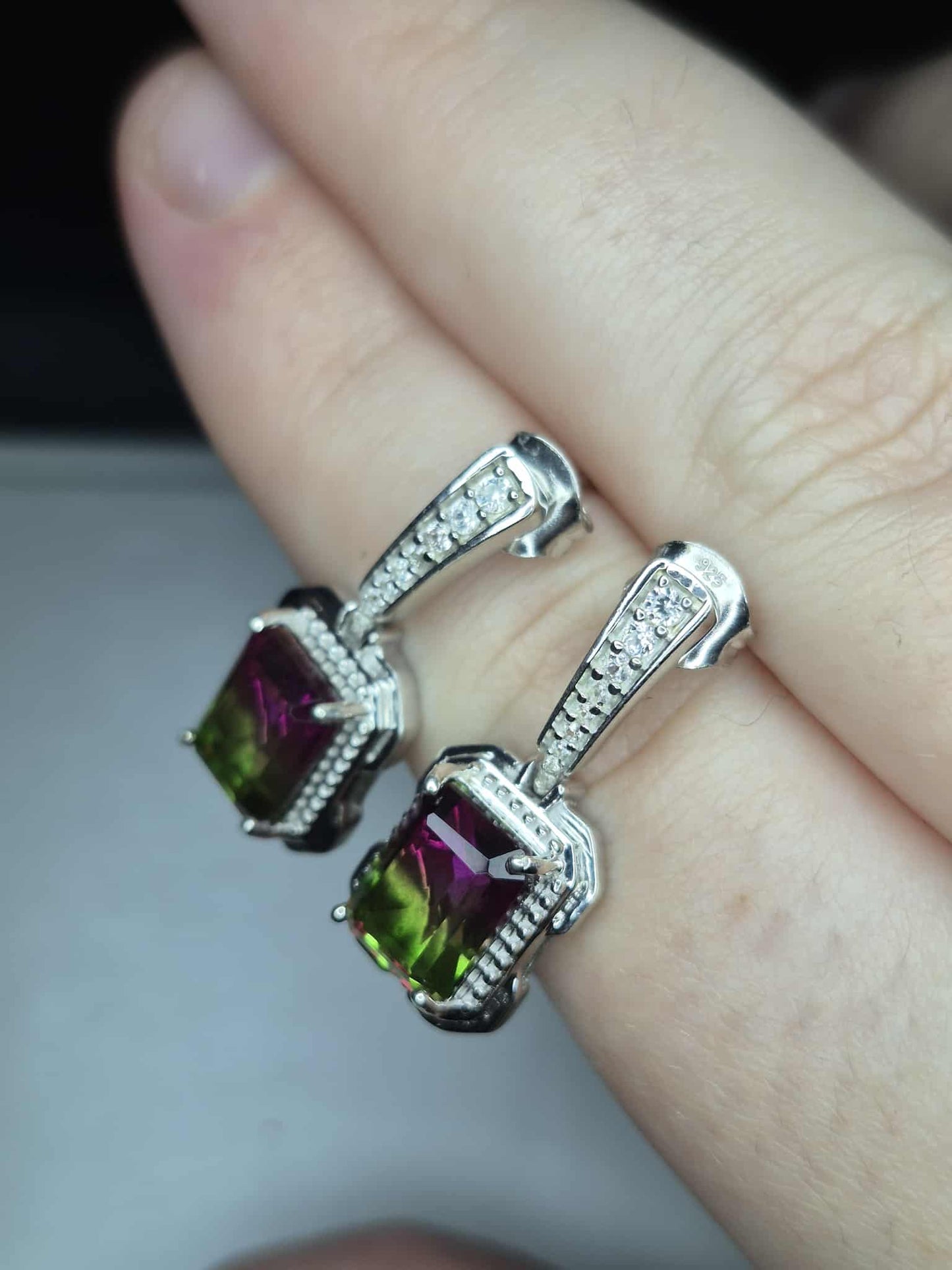 5.28ct Watermelon Quartz Triplet & White Zircon Dangling Earrings 925 Sterling Silver