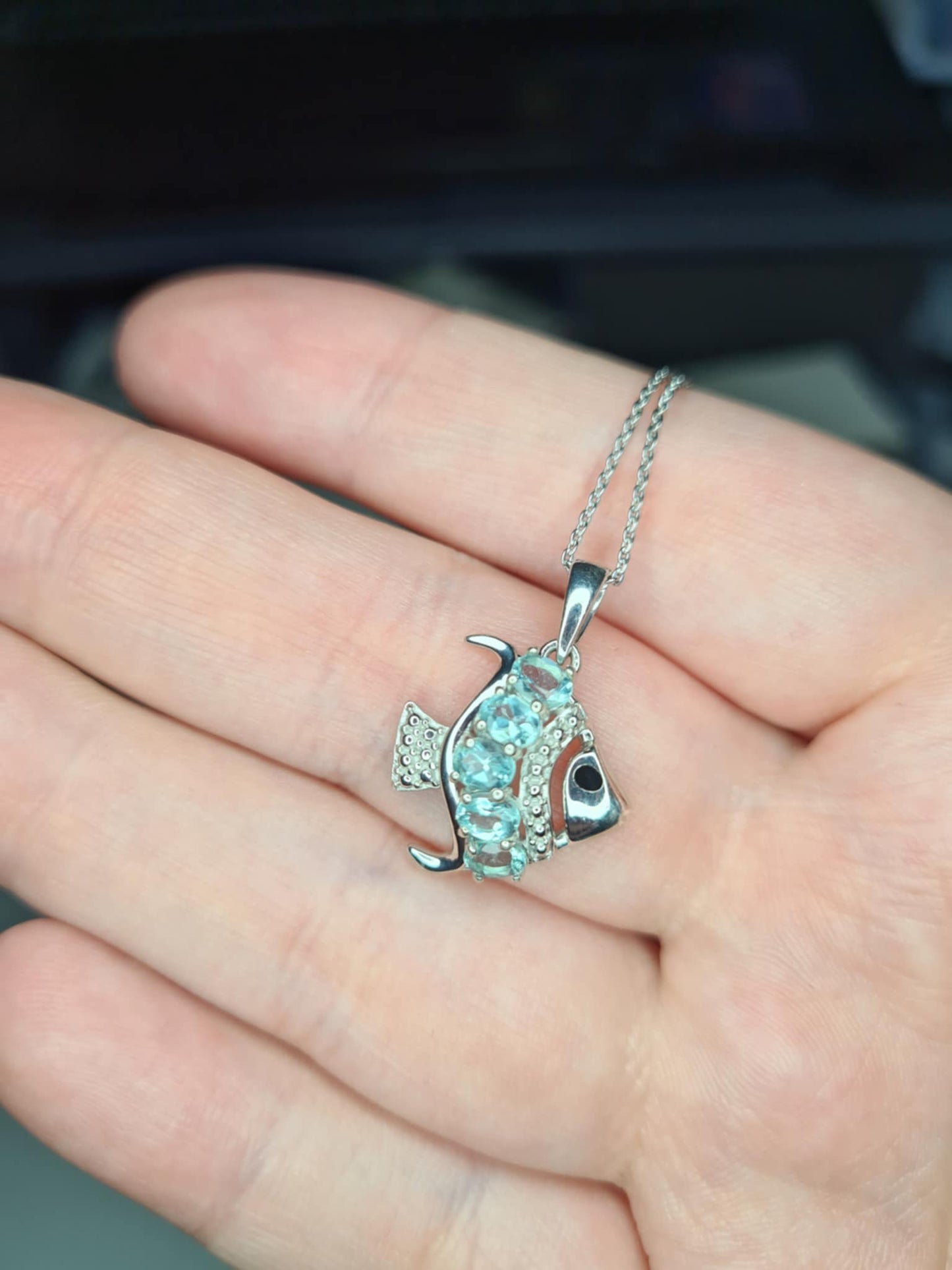 0.950ct. Lagoon Apatite Fish Necklace in Rhodium Overlay 925 Sterling Silver
