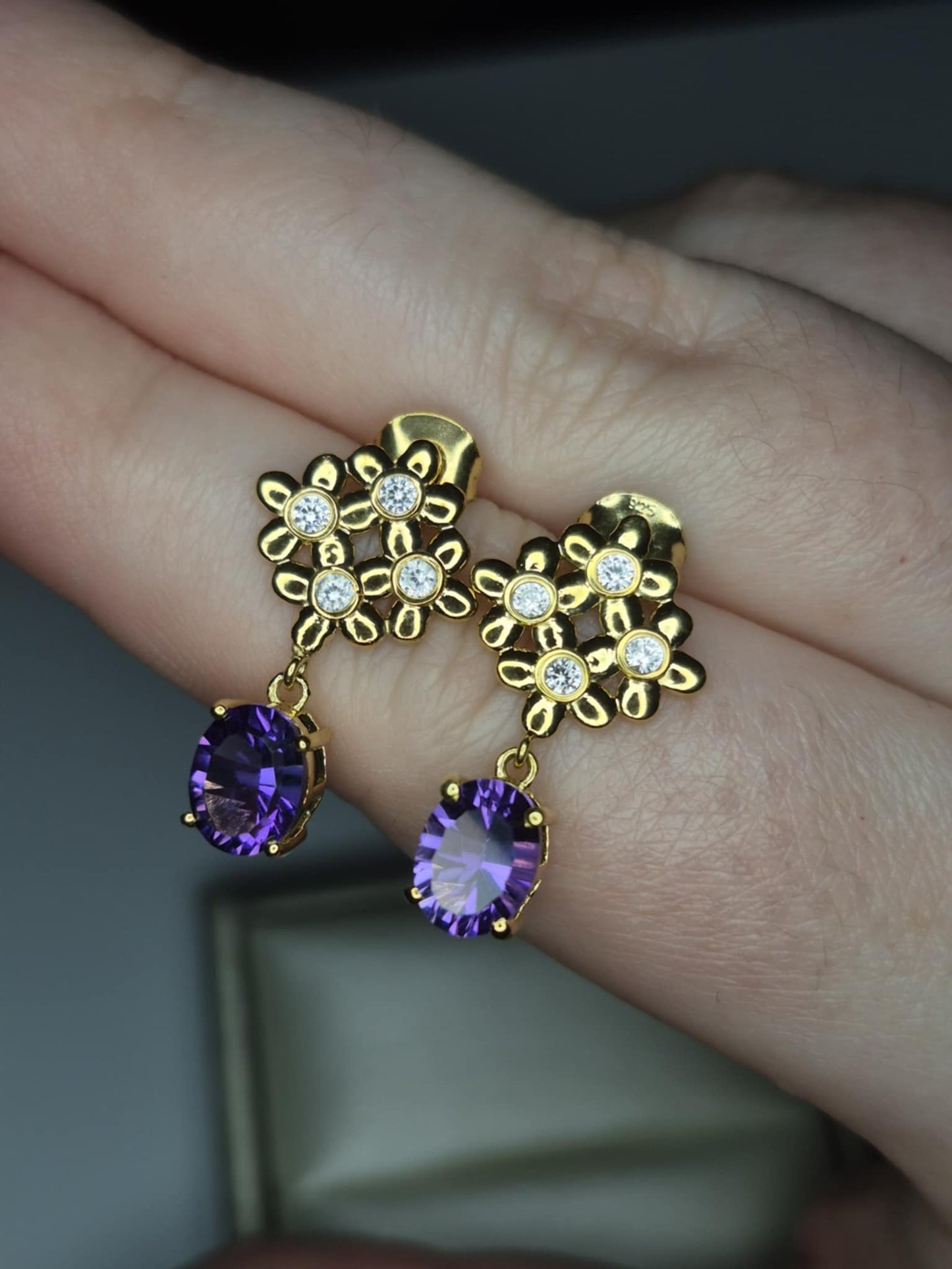 African Amethyst & White Zircon Floral Earrings in 18K Gold Overlay 925 Sterling Silver