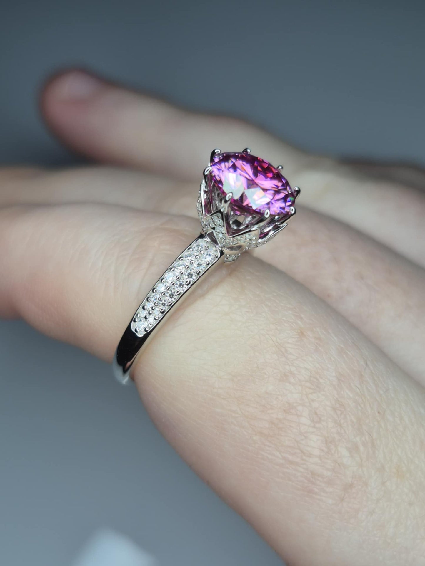 2.91ct Pink Lotus Moissanite Ring in Rhodium Overlay 925 Sterling Silver SIZE P