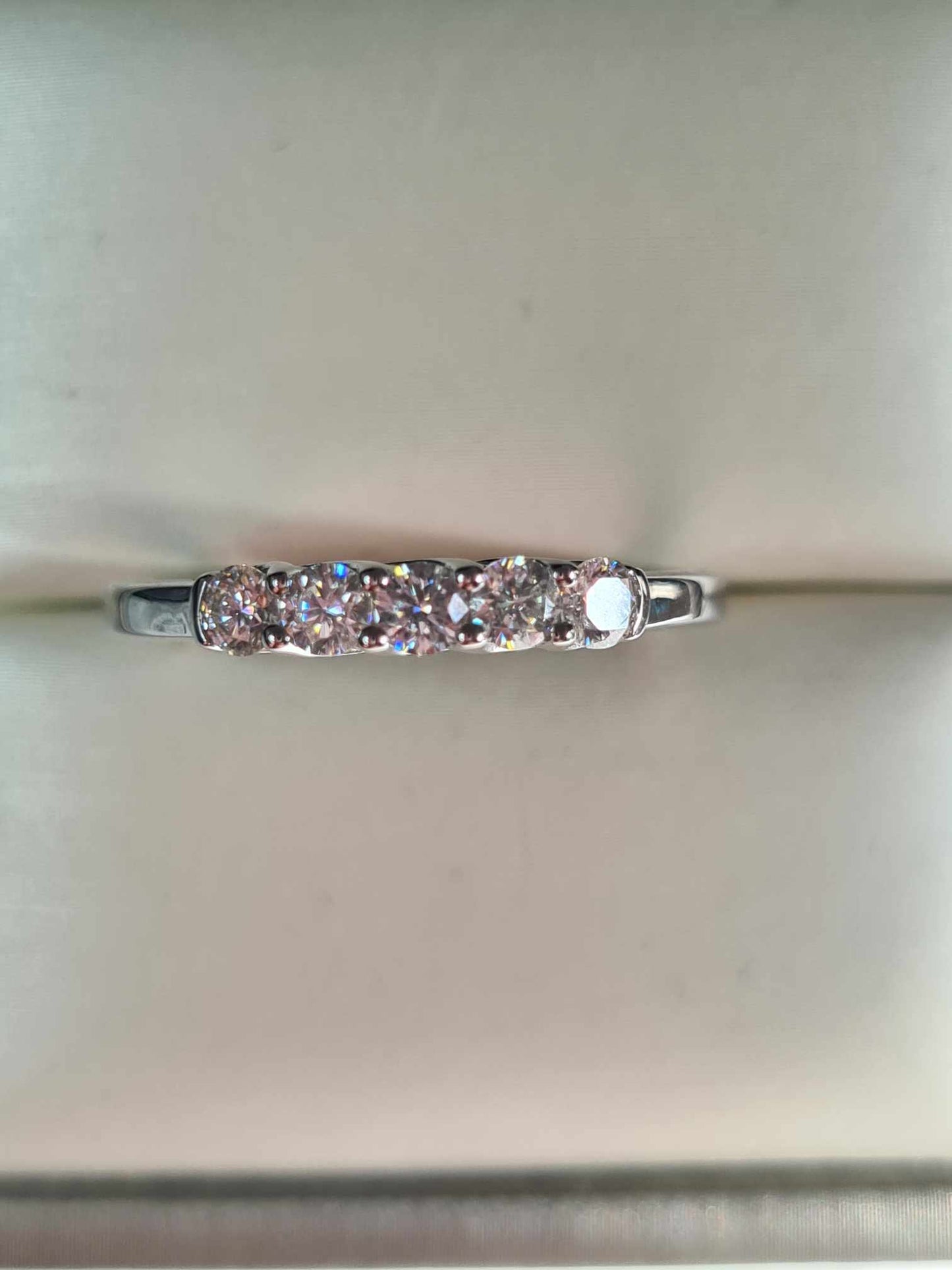 0.525ct. 5 Stone Moissanite Band Ring in Platinum Overlay 925 Sterling Silver