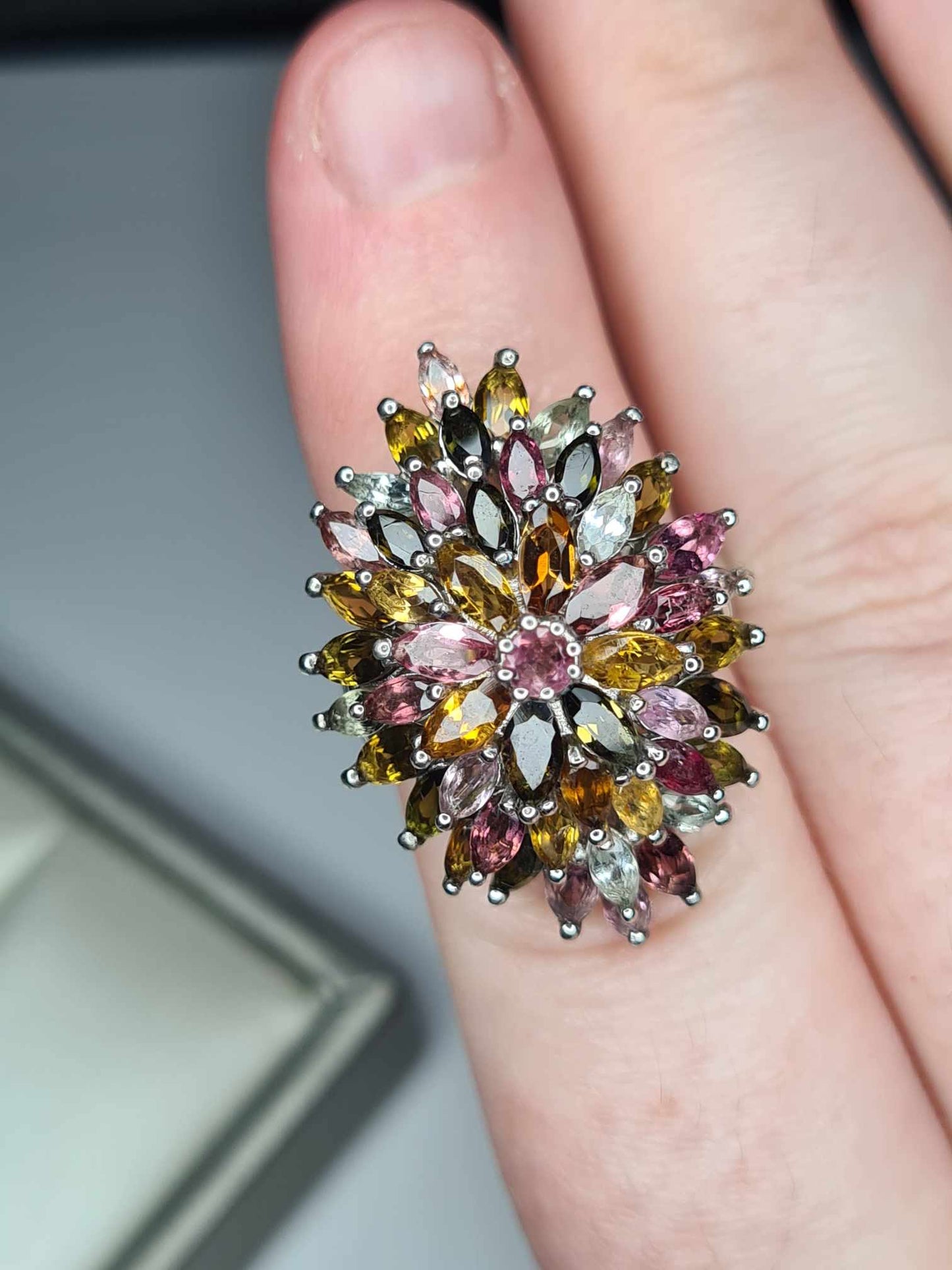 6.75 Ct Tourmaline Floral Cocktail Ring 925 Sterling Silver with a platinum overlay SIZE K