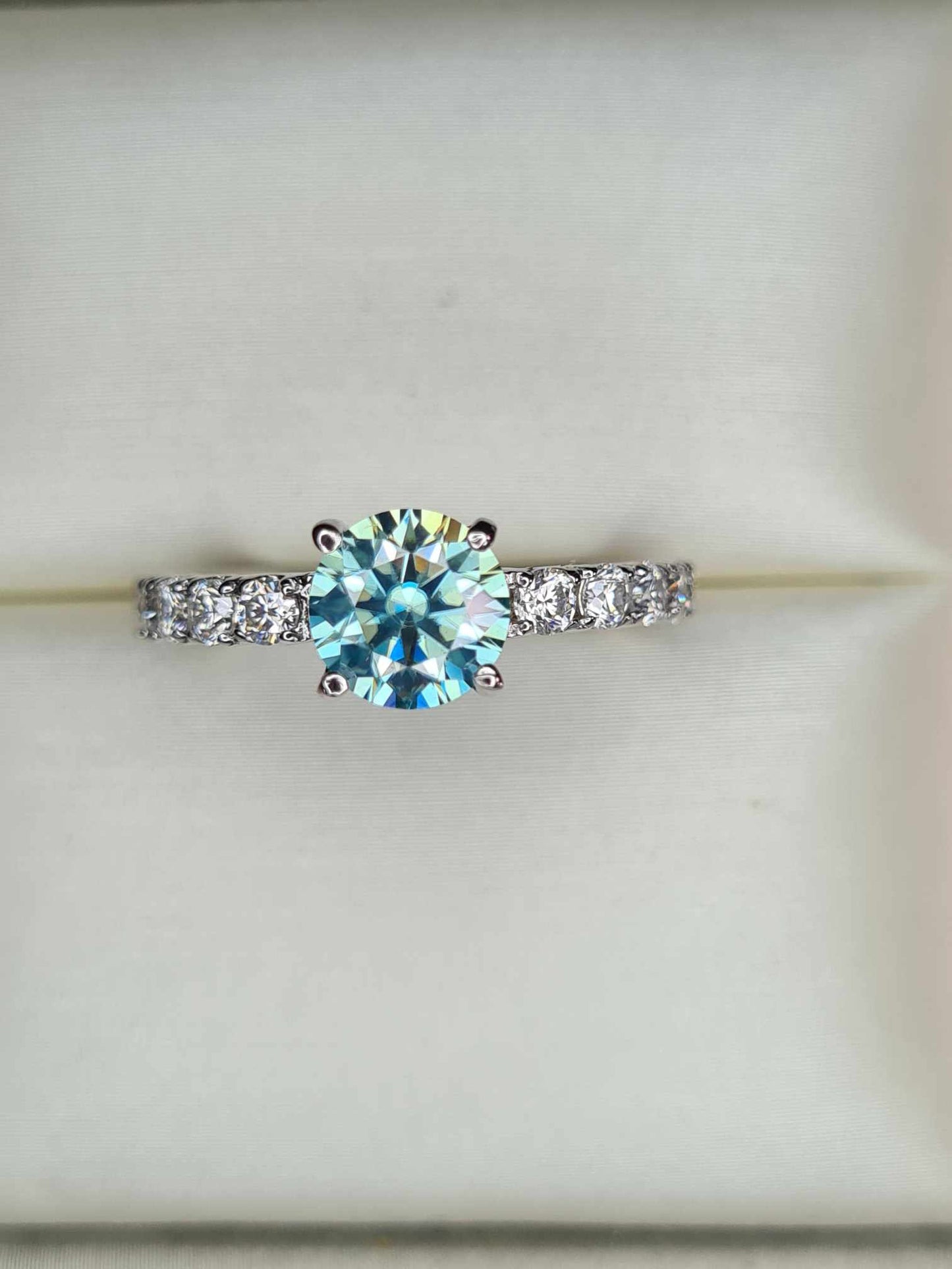 1.41ct light Blue Moissanite Engagement Ring in Rhodium Overlay 925 Sterling Silver SIZE K
