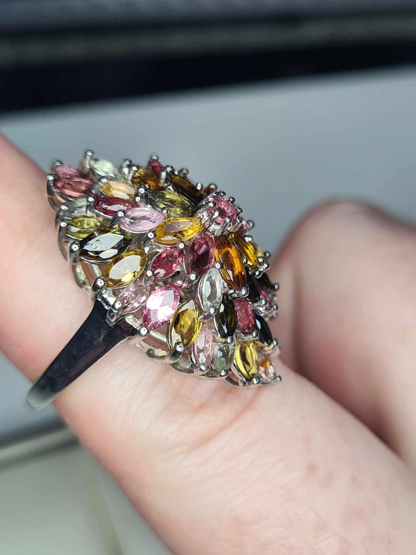 6.75 Ct Tourmaline Floral Cocktail Ring 925 Sterling Silver with a platinum overlay SIZE K