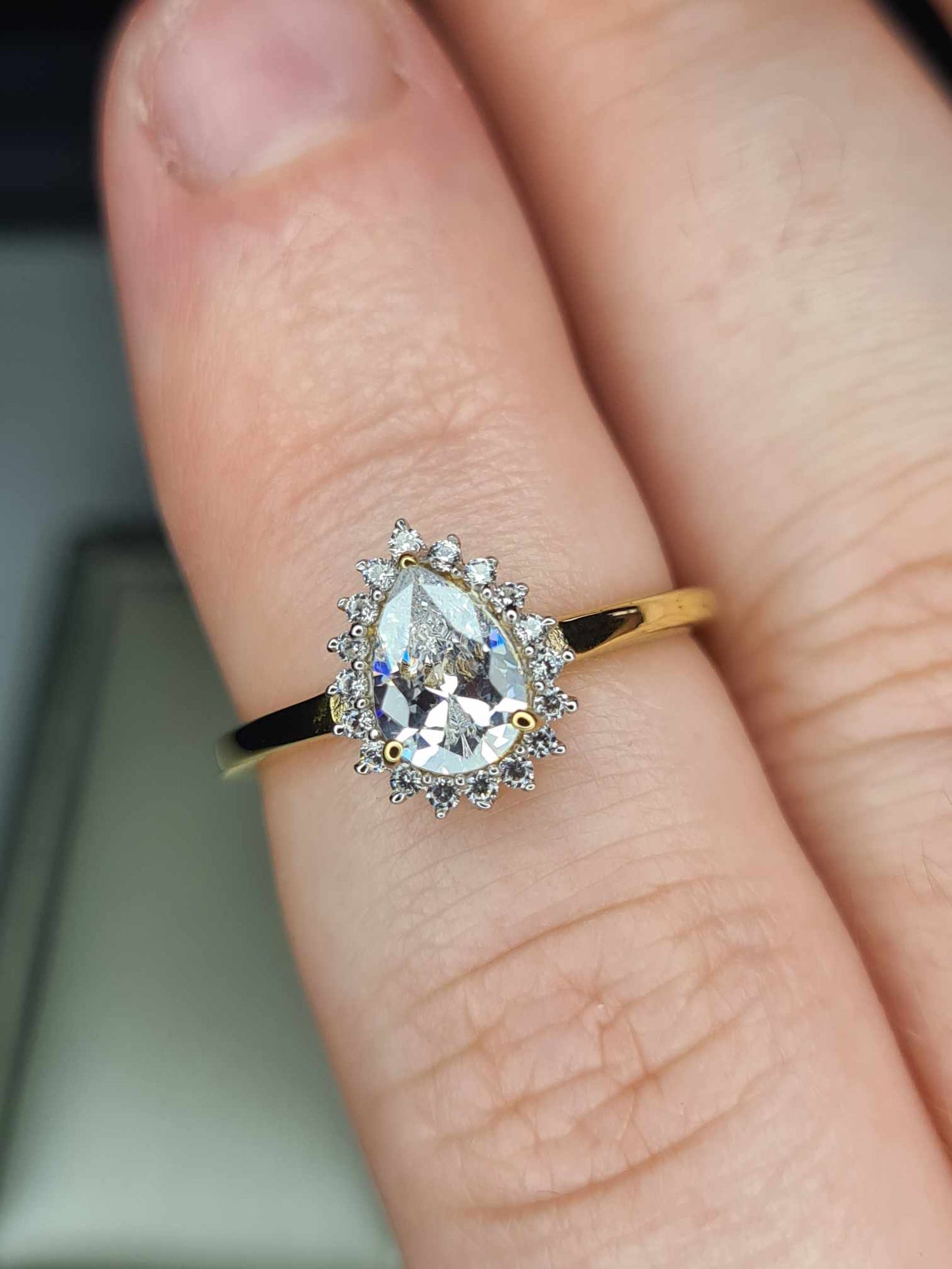 1.280ct Cubic Zirconia Pear Cut Halo Ring 18k gold overlay 925 sterling silver SIZE L