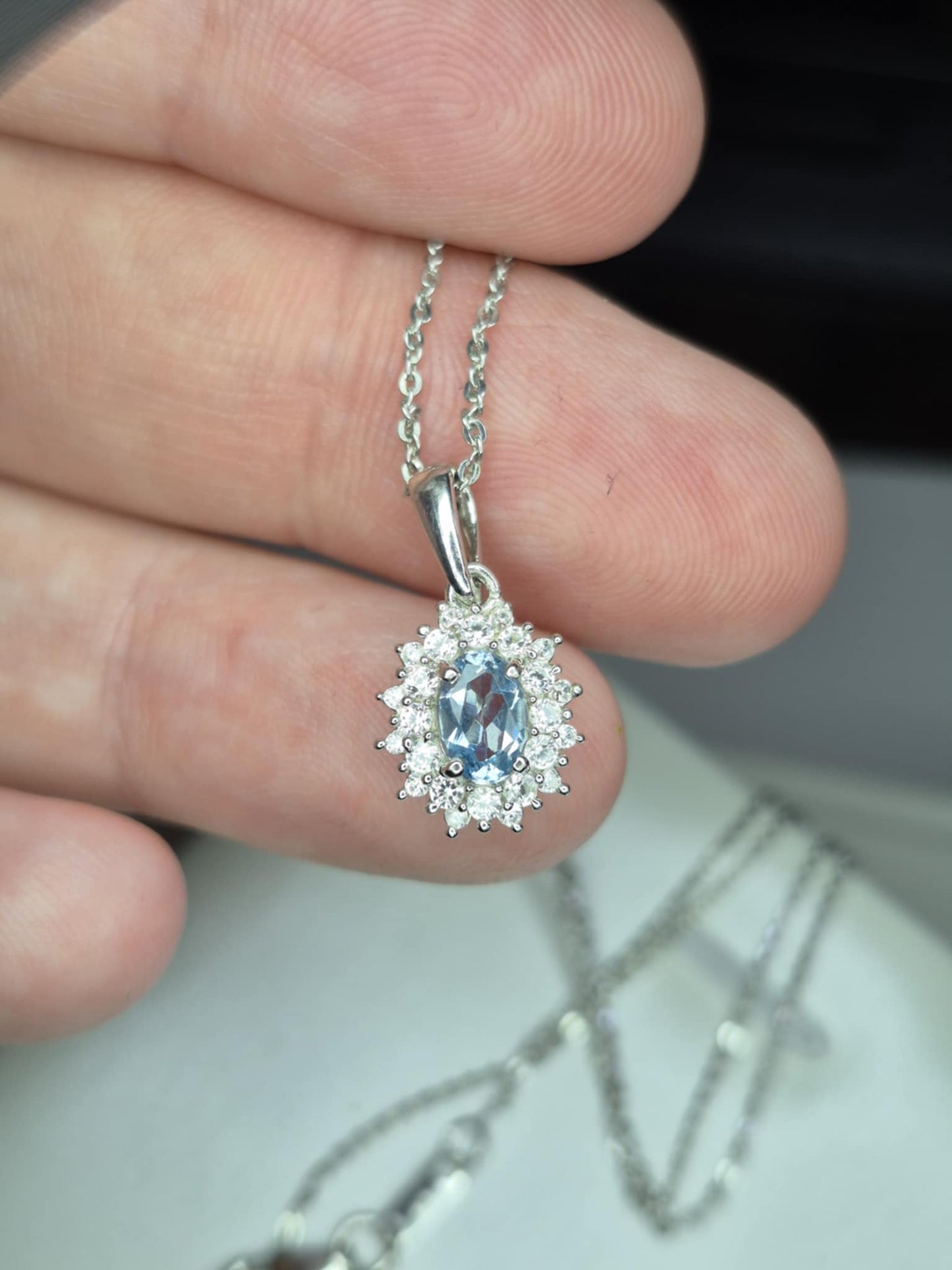 Santamaria Aquamarine & White Zircon Necklace in Rhodium Overlay 925 Sterling Silver
