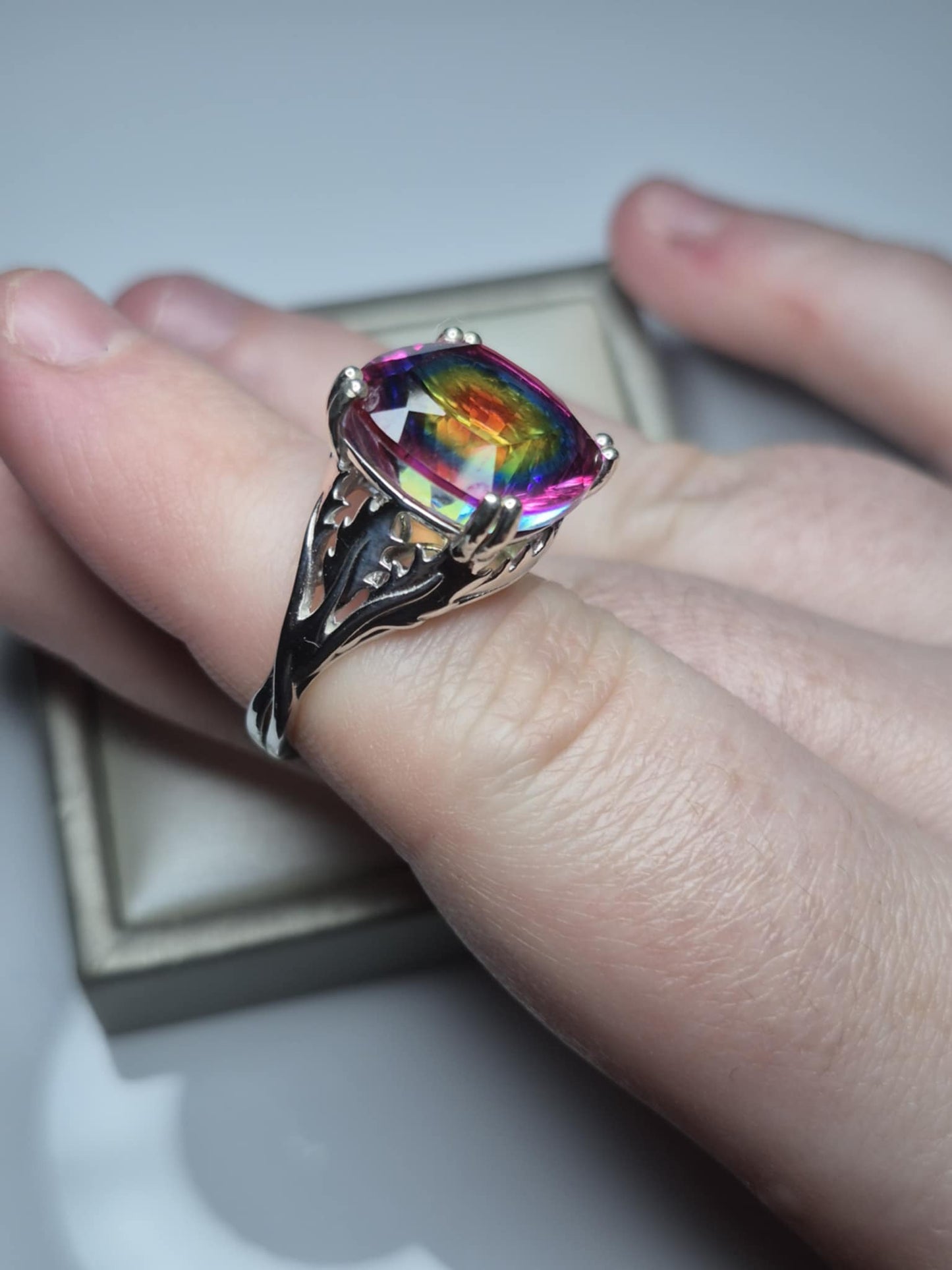 11.06ct Nebula Quartz Doublet Solitaire Ring in Rhodium Overlay 925 Sterling Silver