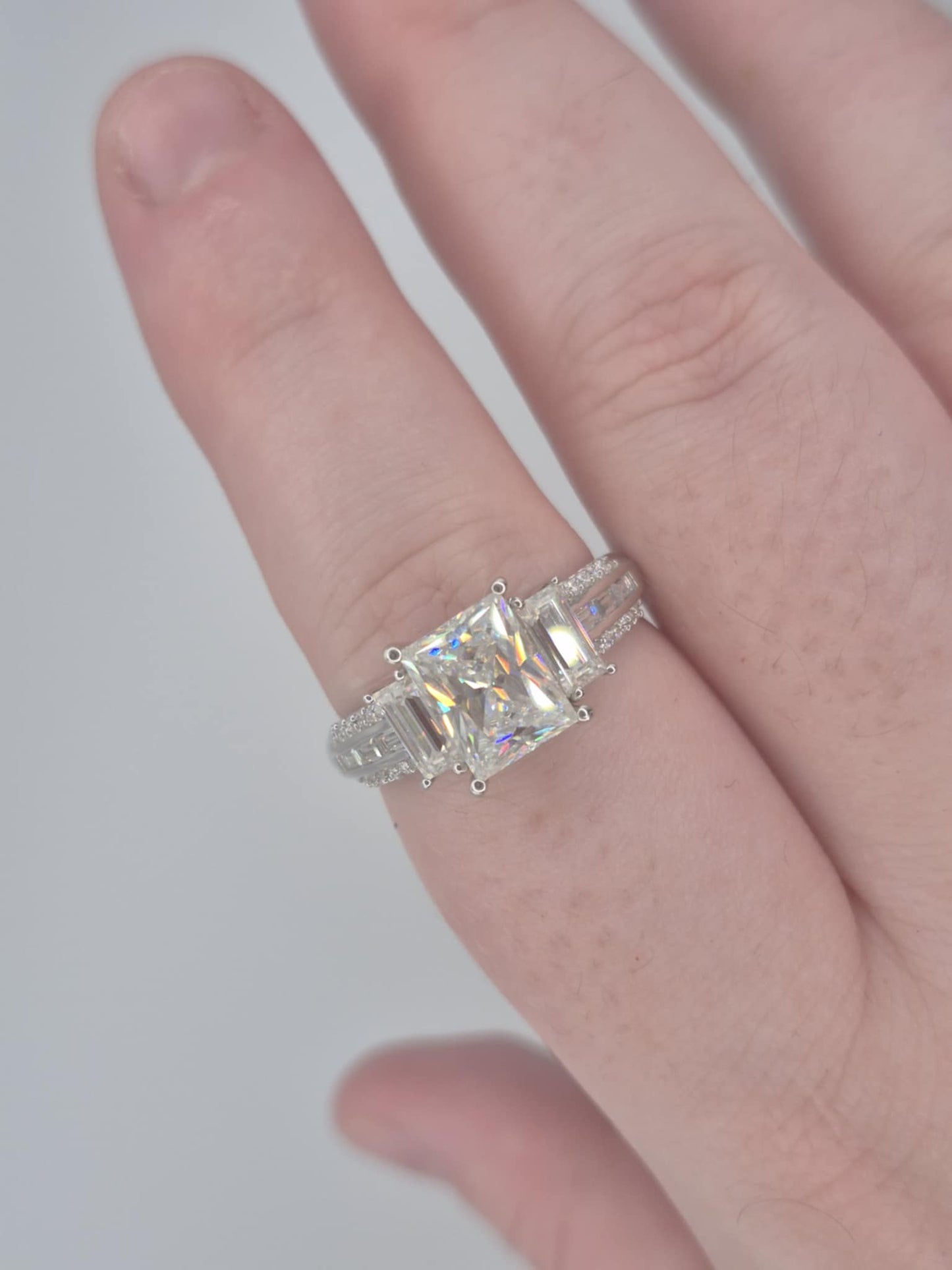 3.70ct Moissanite Trilogy Ring in Rhodium Overlay 925 Sterling Silver SIZE S