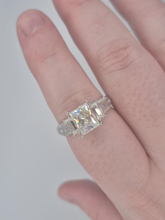 3.70ct Moissanite Trilogy Ring in Rhodium Overlay 925 Sterling Silver SIZE S