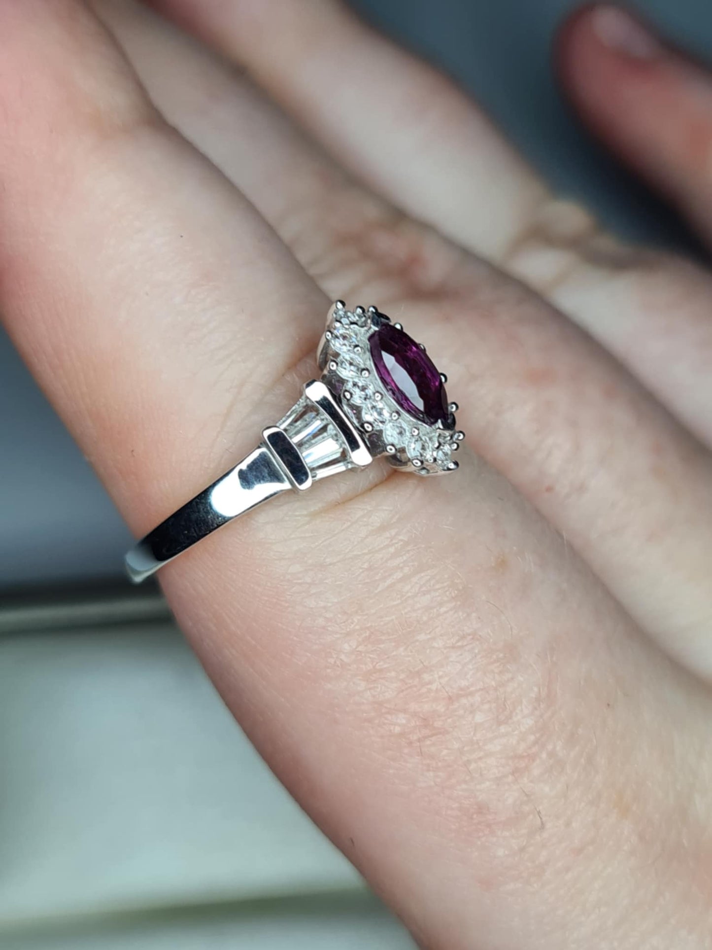 1.90ct Natural Radiant Ember Garnet, White Zircon Halo Ring in Rhodium 925 Overlay Sterling Silver SIZE P