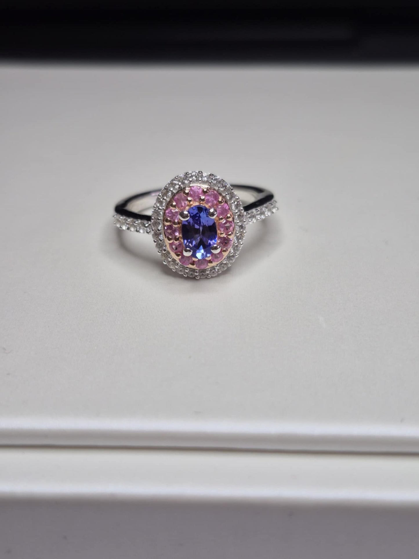 Tanzanite & Pink Sapphire Halo Ring in 925 Sterling Silver SIZE L