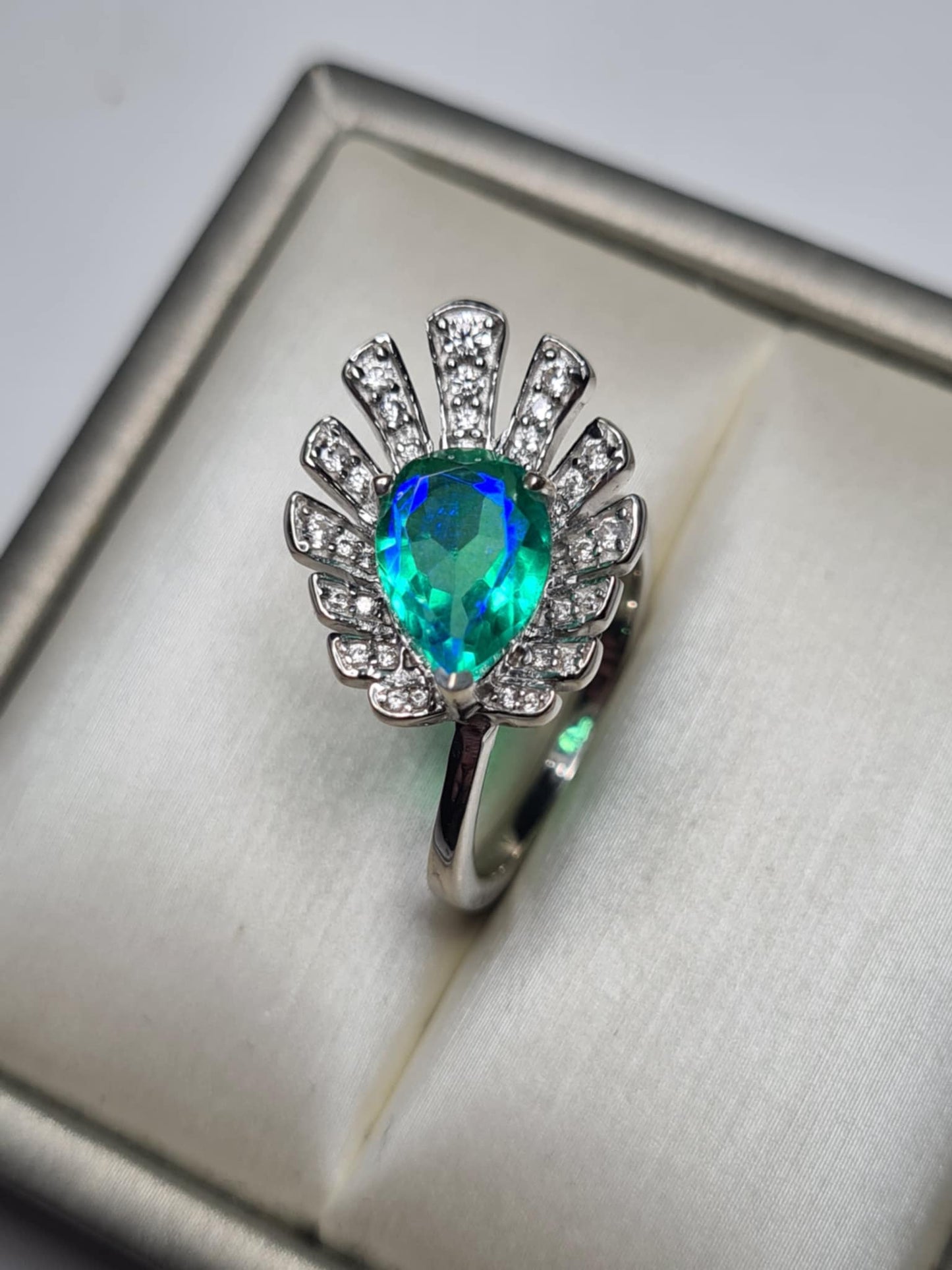 2.59 Ct Peacock Triplet Quartz, White Zircon Ring in 925 Sterling Silver SIZE K