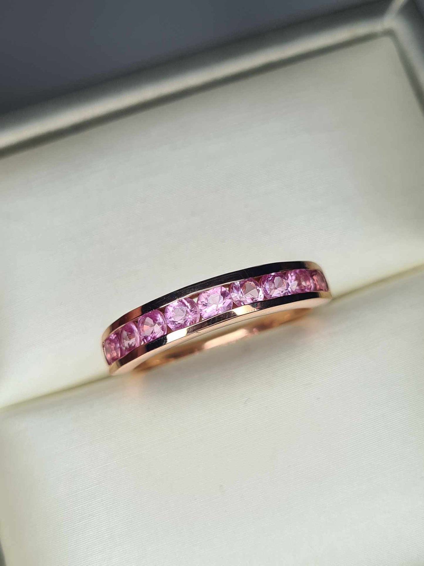 Pink Sapphire Half Eternity Band Ring 18k Rose Gold Overlay 925 sterling silver SIZE K