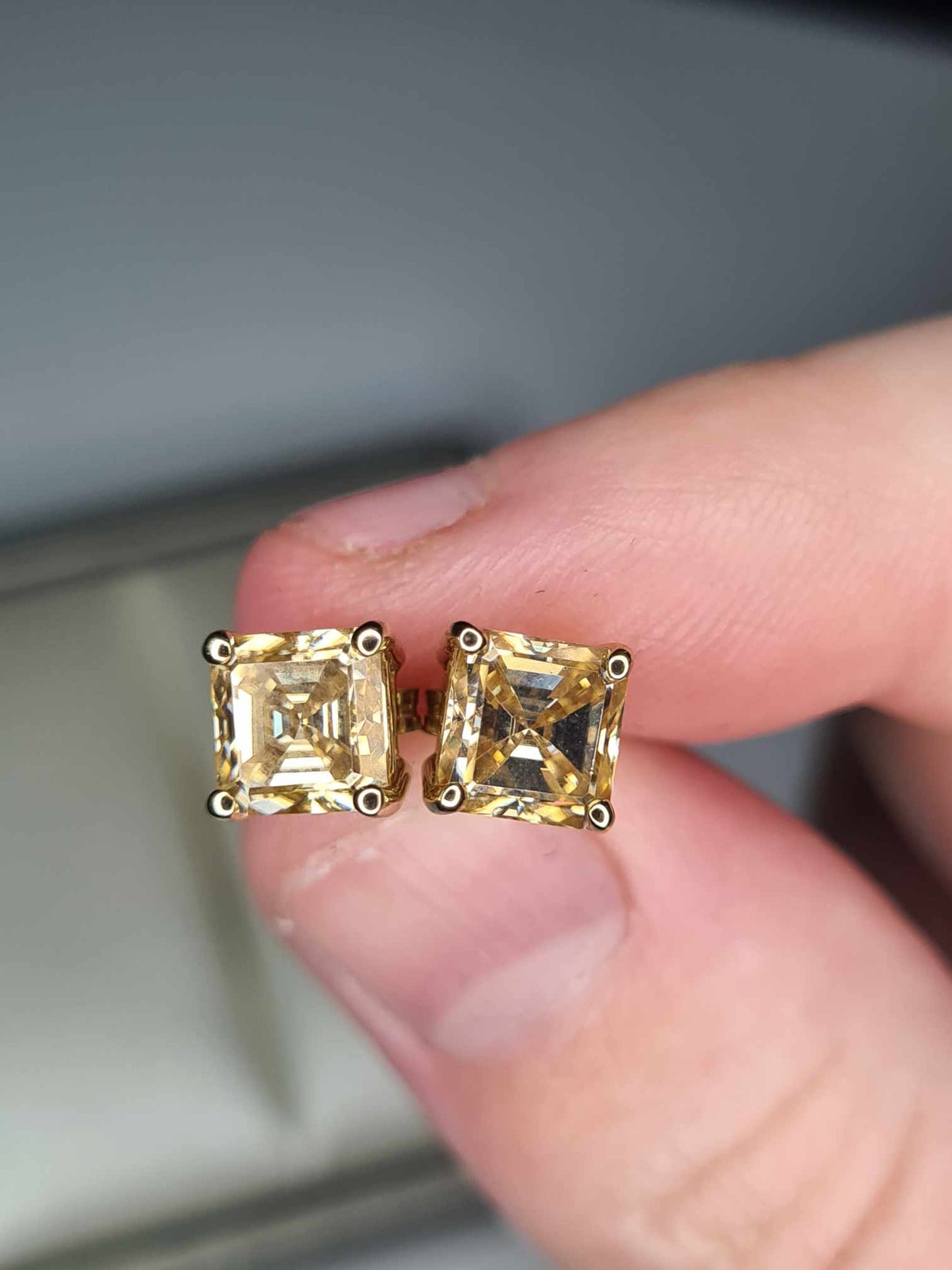 2.50ct 9K Yellow Gold Champagne Moissanite Princess Cut Solitaire Stud Earrings