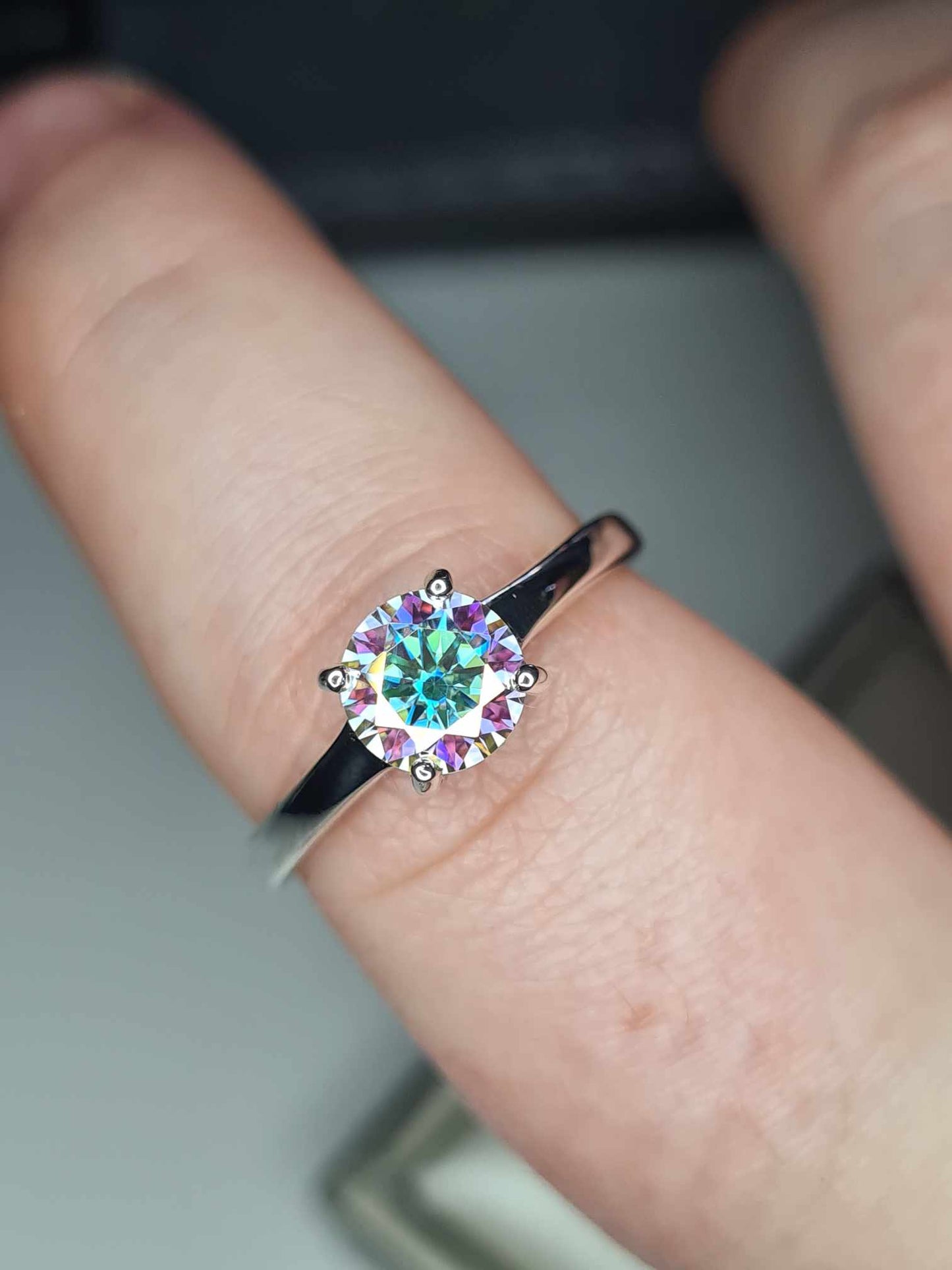 1ct Rainbow Moissanite Solitaire Ring in Rhodium Overlay Sterling Silver SIZES N,O, P