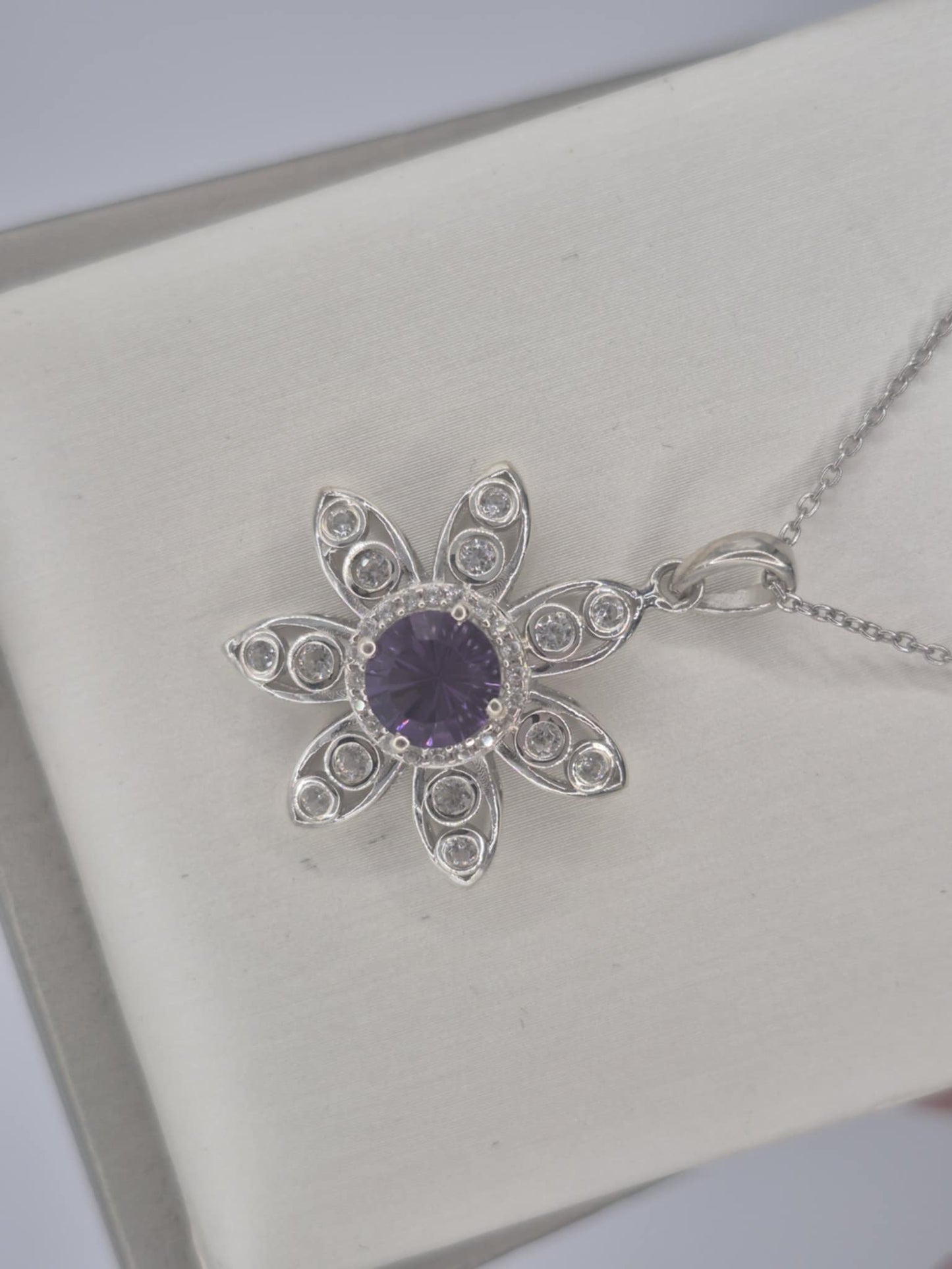 2.220ct. Flower Amethyst & White Zircon Necklace in Rhodium Overlay 925 Sterling Silver