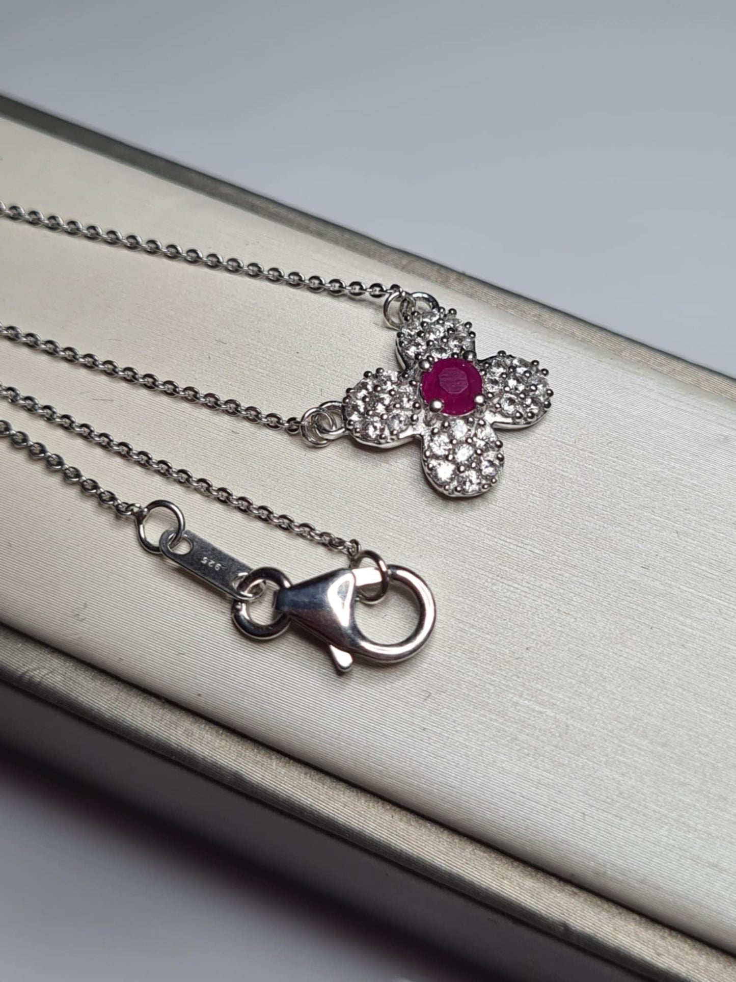 Mozambique Ruby, White Zircon Floral Necklace in Rhodium Overlay 925 Sterling Silver