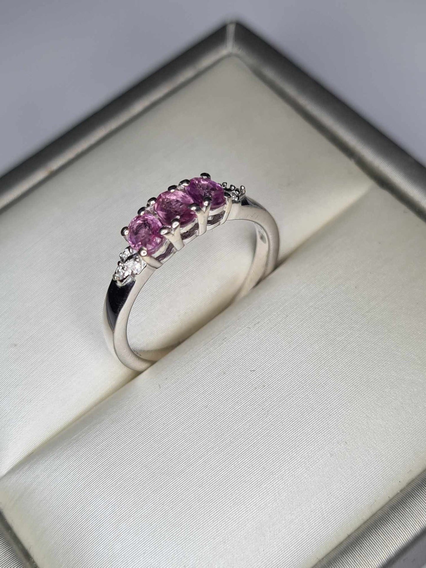 0.720ct Pink Sapphire and White Zircon Trilogy Ring in Rhodium 925 Sterling Silver SIZE K