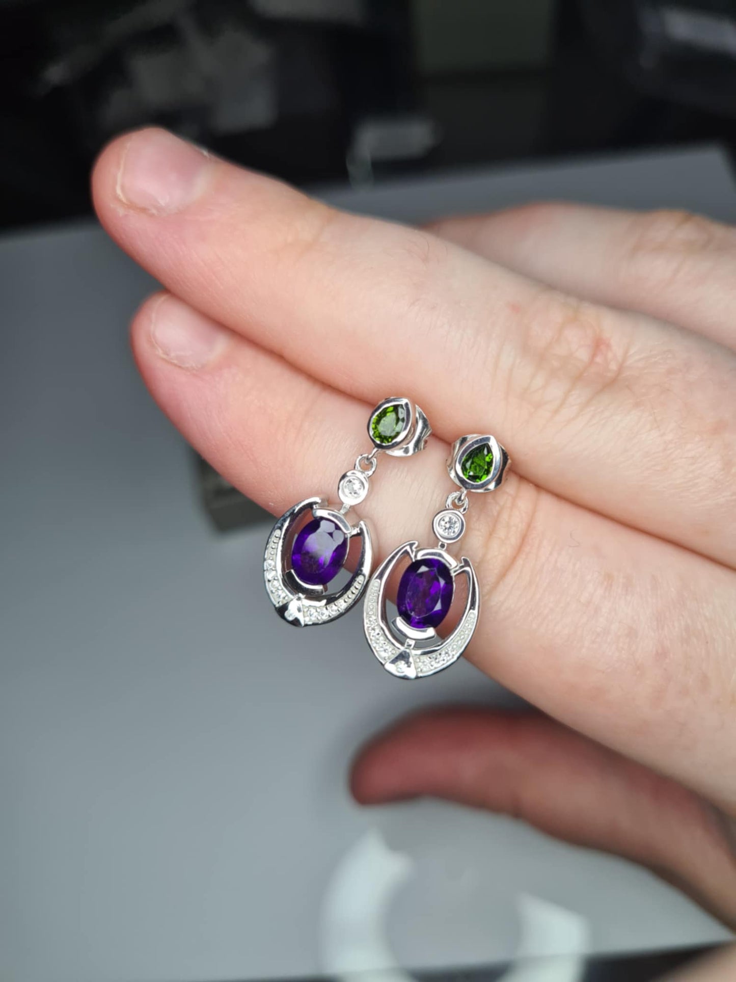 AAA African Amethyst, Natural Chrome Diopside & White Zircon Dangling Earrings 925 Sterling Silver