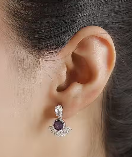 Zambian Amethyst, White Topaz Solitaire Dangle Earrings in Rhodium Overlay 925 Sterling Silver