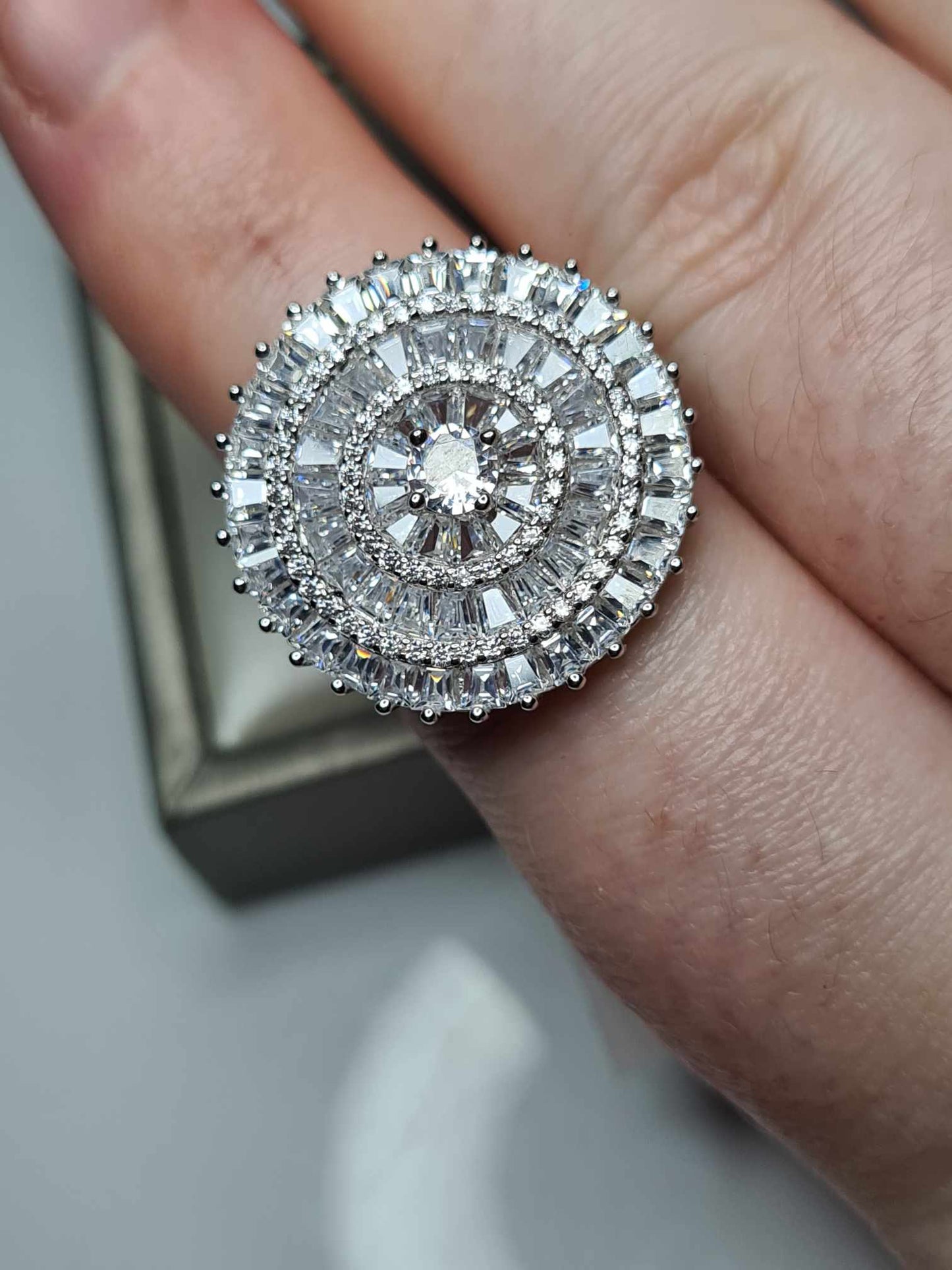 4.710ct Cubic Zirconia Cocktail Ring 925 Sterling Silver With Rhodium Overlay SIZE N