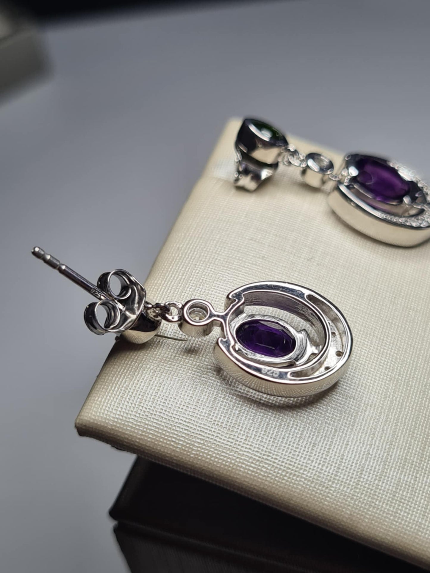 AAA African Amethyst, Natural Chrome Diopside & White Zircon Dangling Earrings 925 Sterling Silver