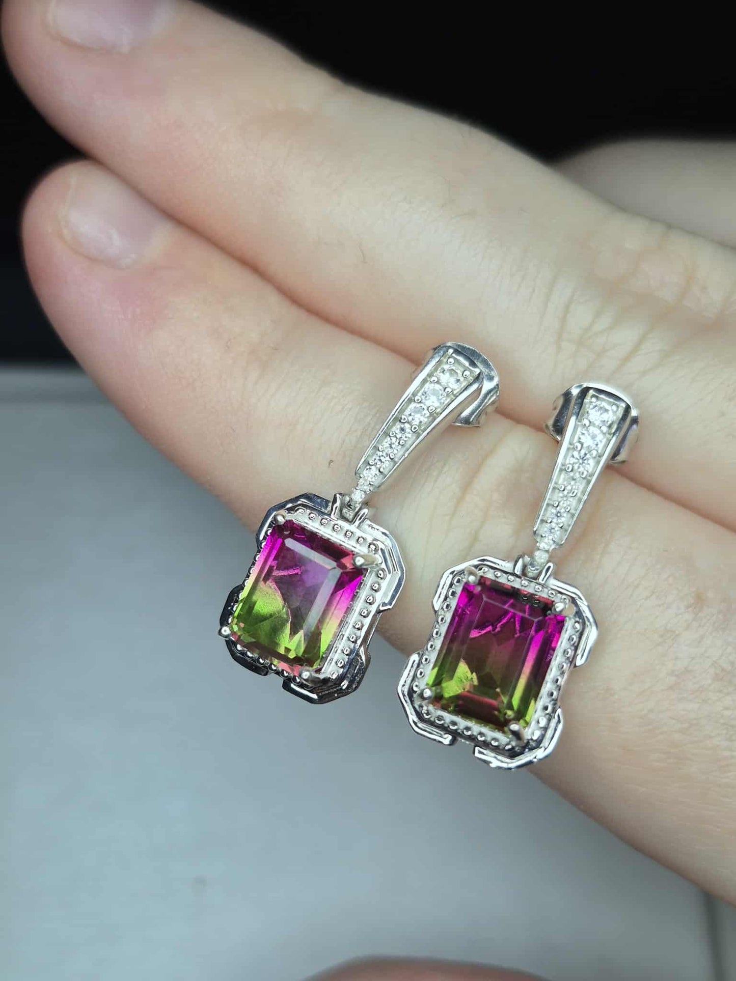 5.28ct Watermelon Quartz Triplet & White Zircon Dangling Earrings 925 Sterling Silver