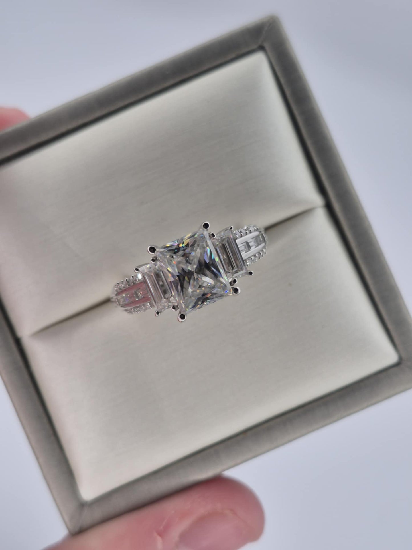 3.70ct Moissanite Trilogy Ring in Rhodium Overlay 925 Sterling Silver SIZE S