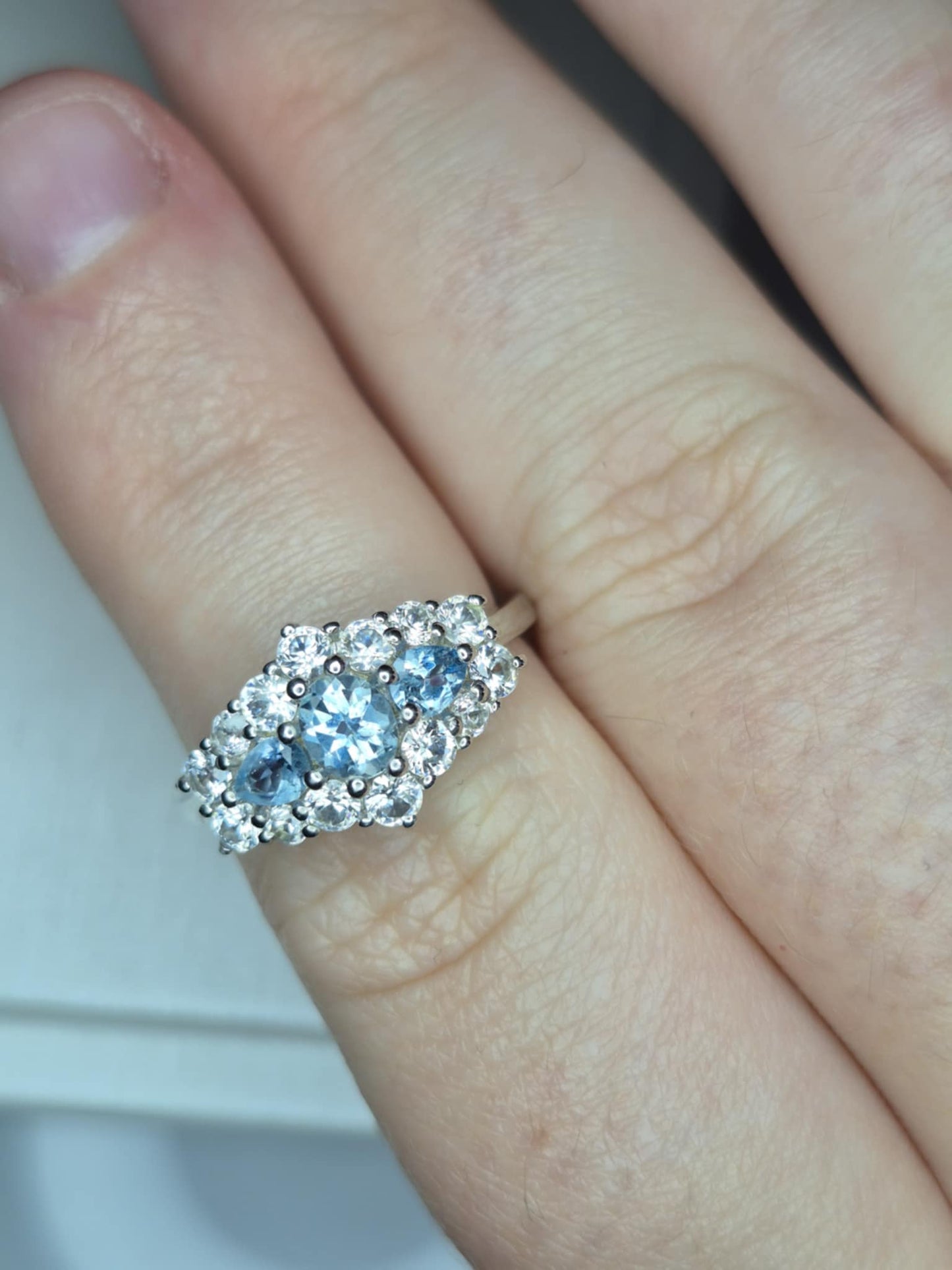 Santamaria Aquamarine & Zircon Boat Ring in Rhodium Overlay 925 Sterling Silver SIZE M