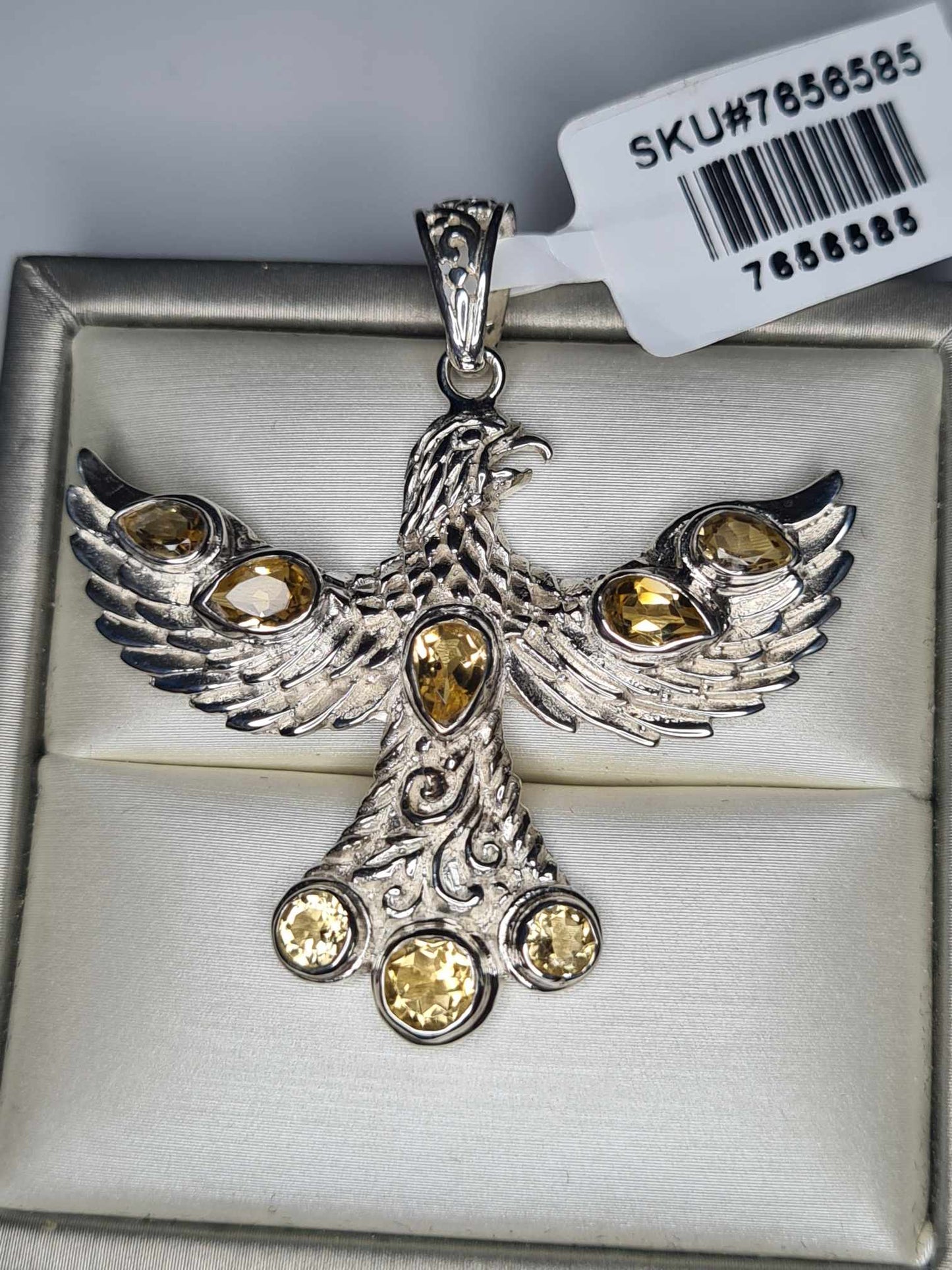 2.62ct Hand Made Citrine Eagle Pendant 925 Sterling Silver