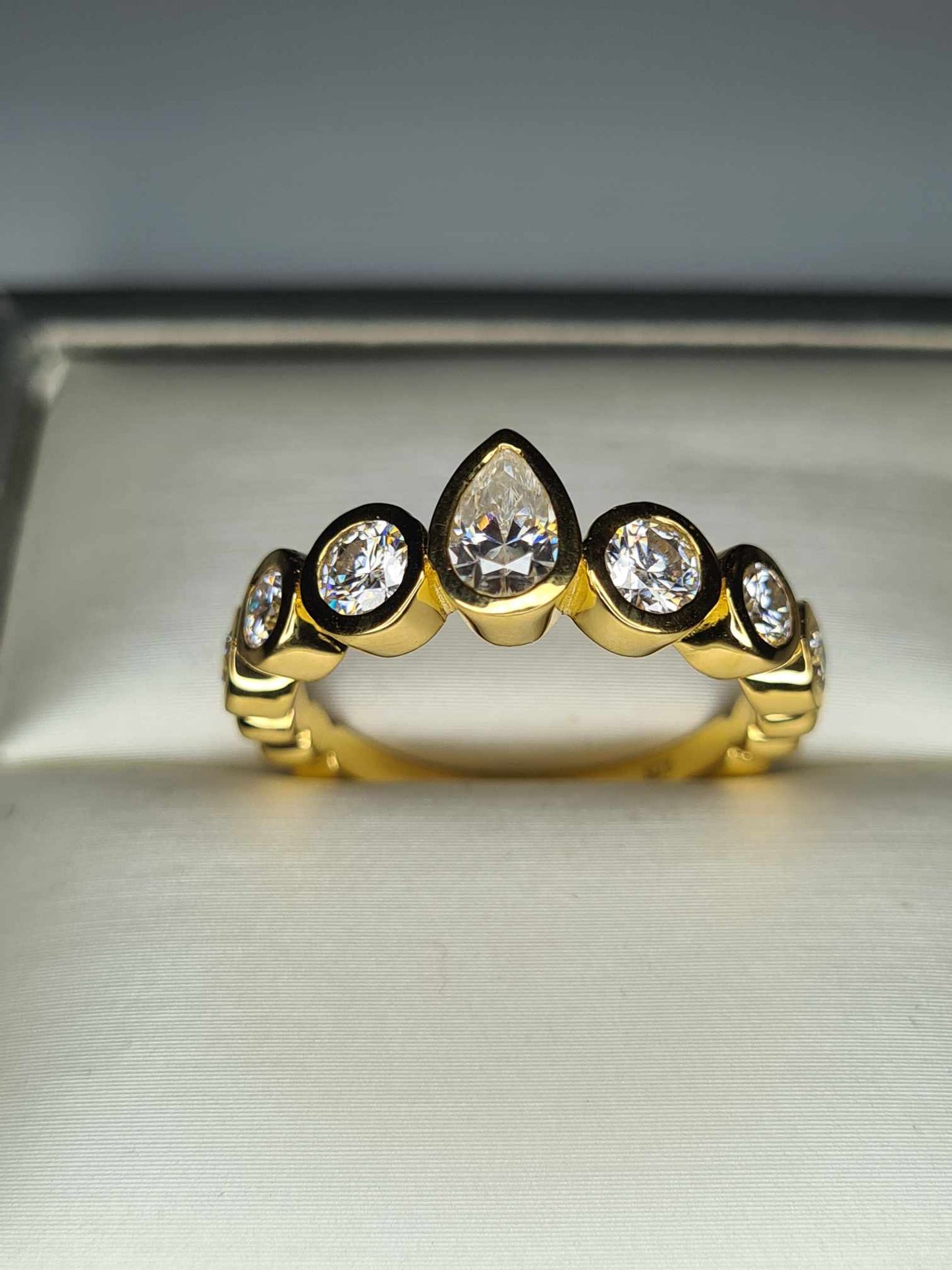 1.36 Ct 7 Stone Moissanite Ring 18k Gold Overlay 925 Sterling Silver SIZE R