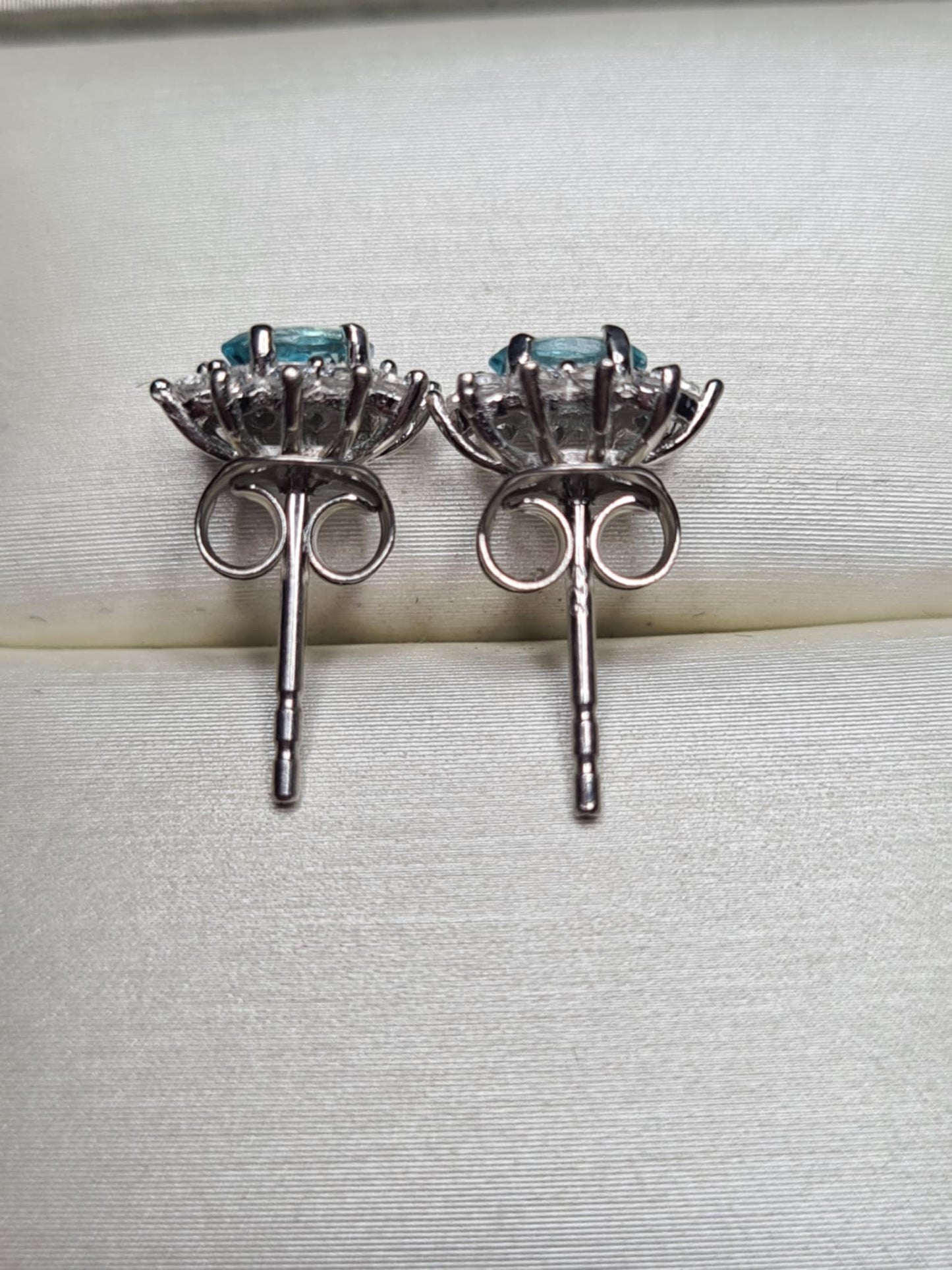 0.90ct Blue Lagoon Apatite and Natural Zircon Halo Earrings in Rhodium Overlay 925 Sterling Silver