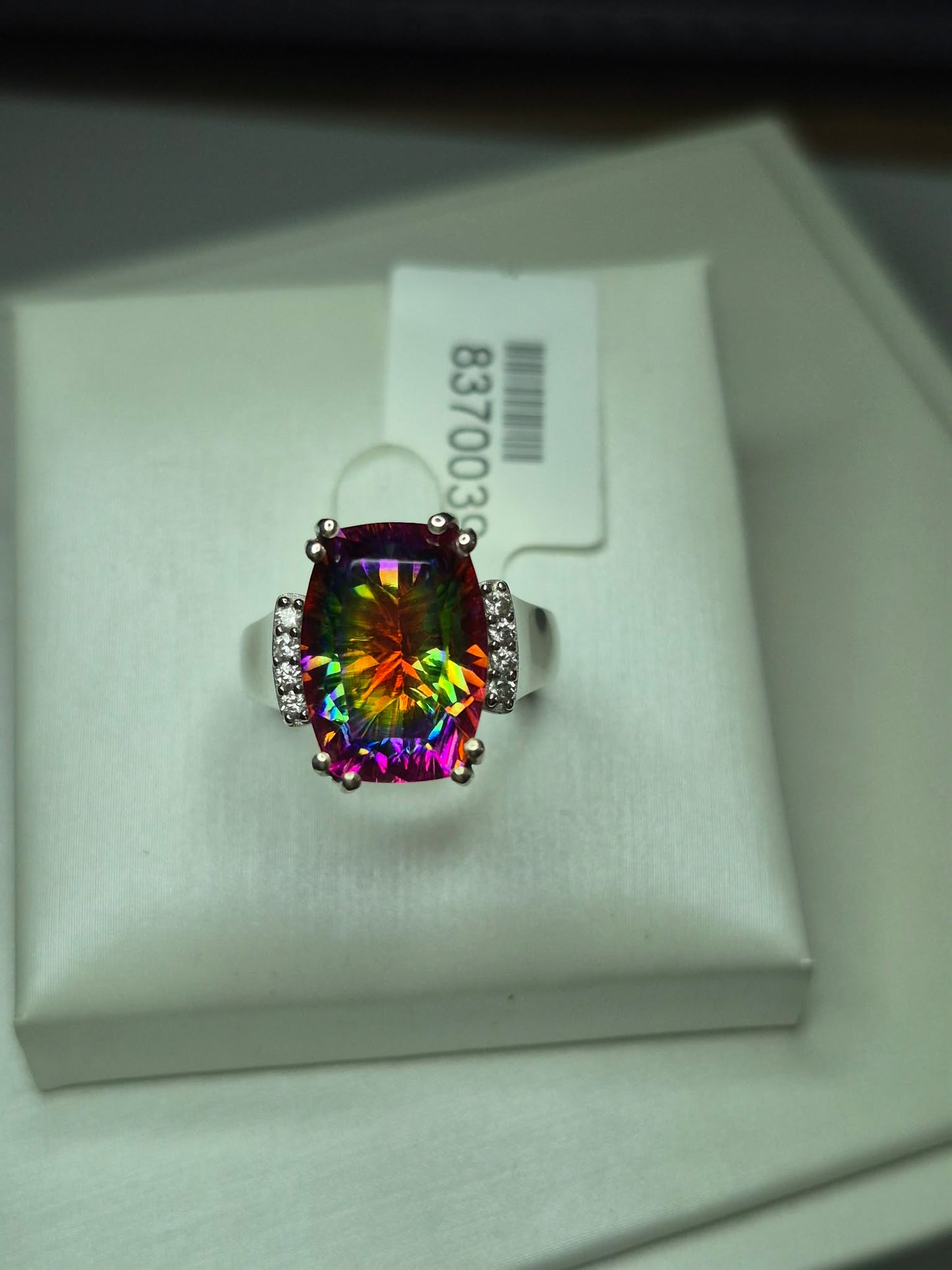 8ct Nebula Quartz Doublet & White Zircon Ring in Rhodium Overlay Sterling Silver SIZE L
