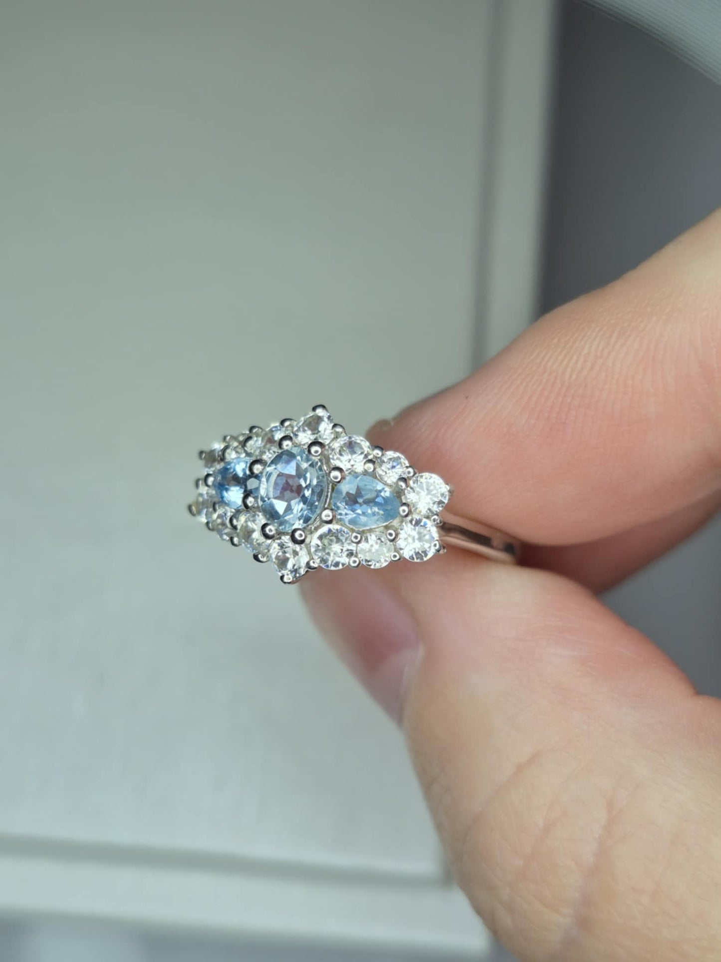Santamaria Aquamarine & Zircon Boat Ring in Rhodium Overlay 925 Sterling Silver SIZE M