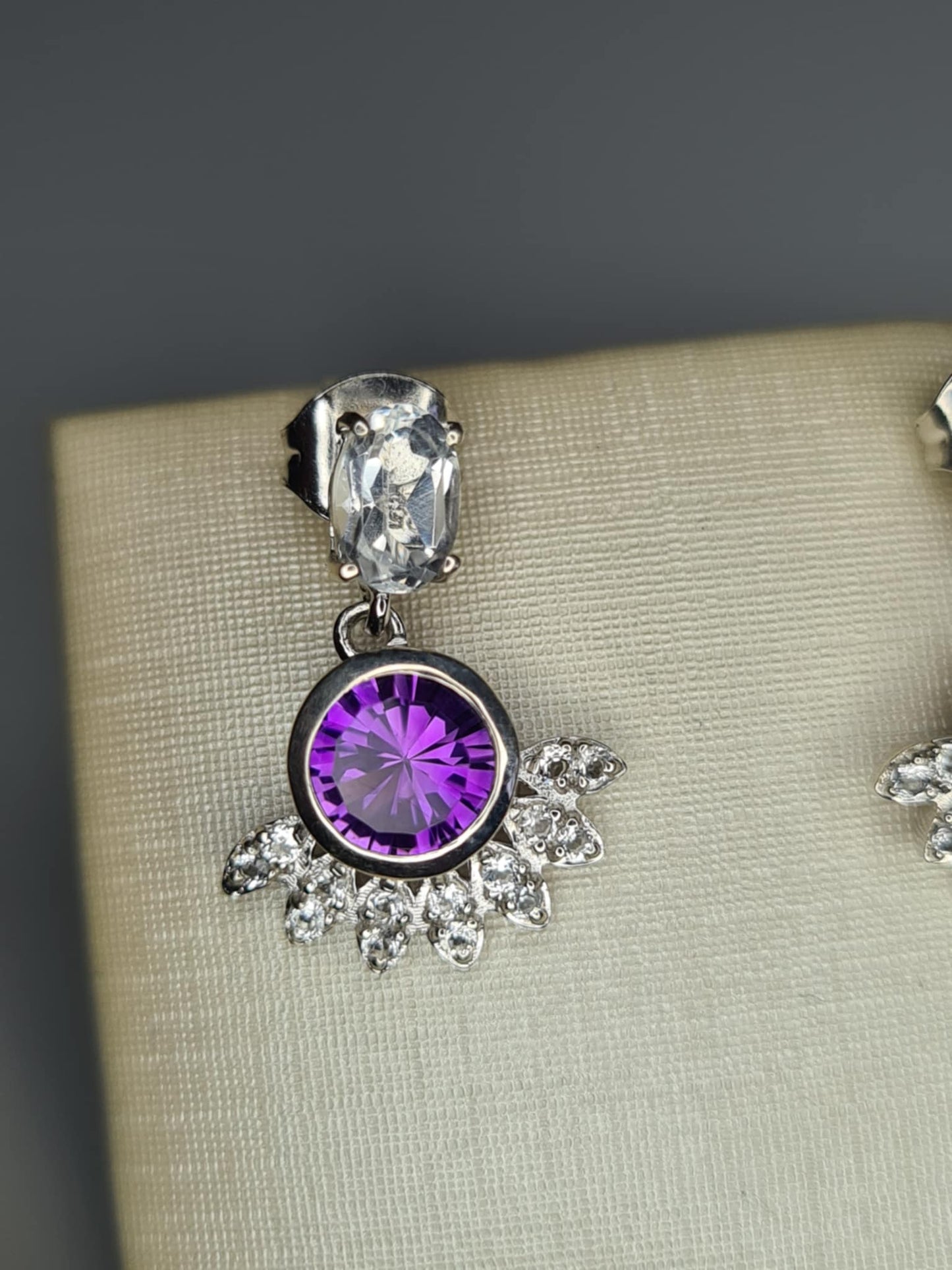Zambian Amethyst, White Topaz Solitaire Dangle Earrings in Rhodium Overlay 925 Sterling Silver
