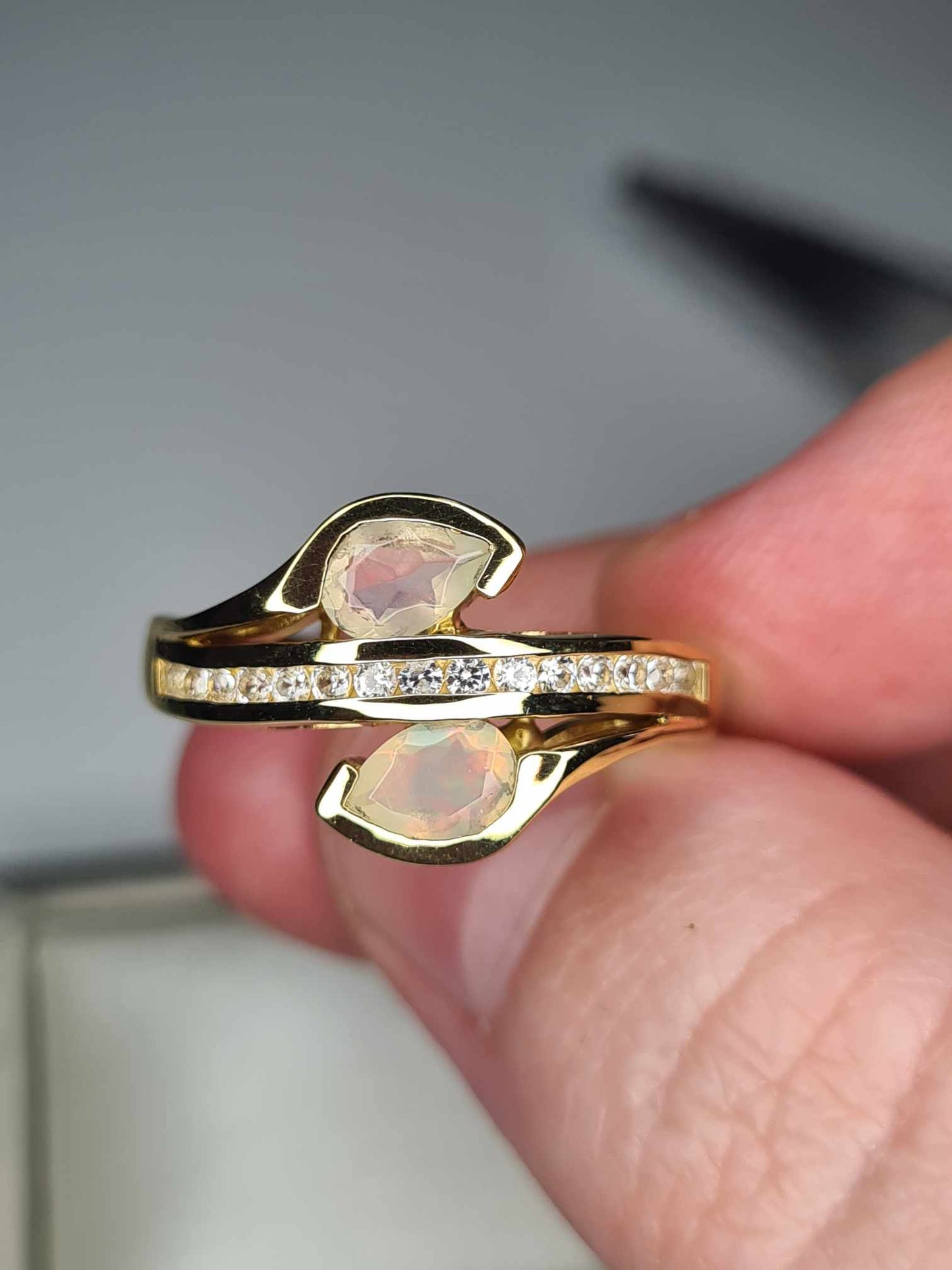 Ethiopian Welo Opal & Natural Zircon Bypass Ring in 18K Gold Overlay 925 Sterling Silver SIZE K