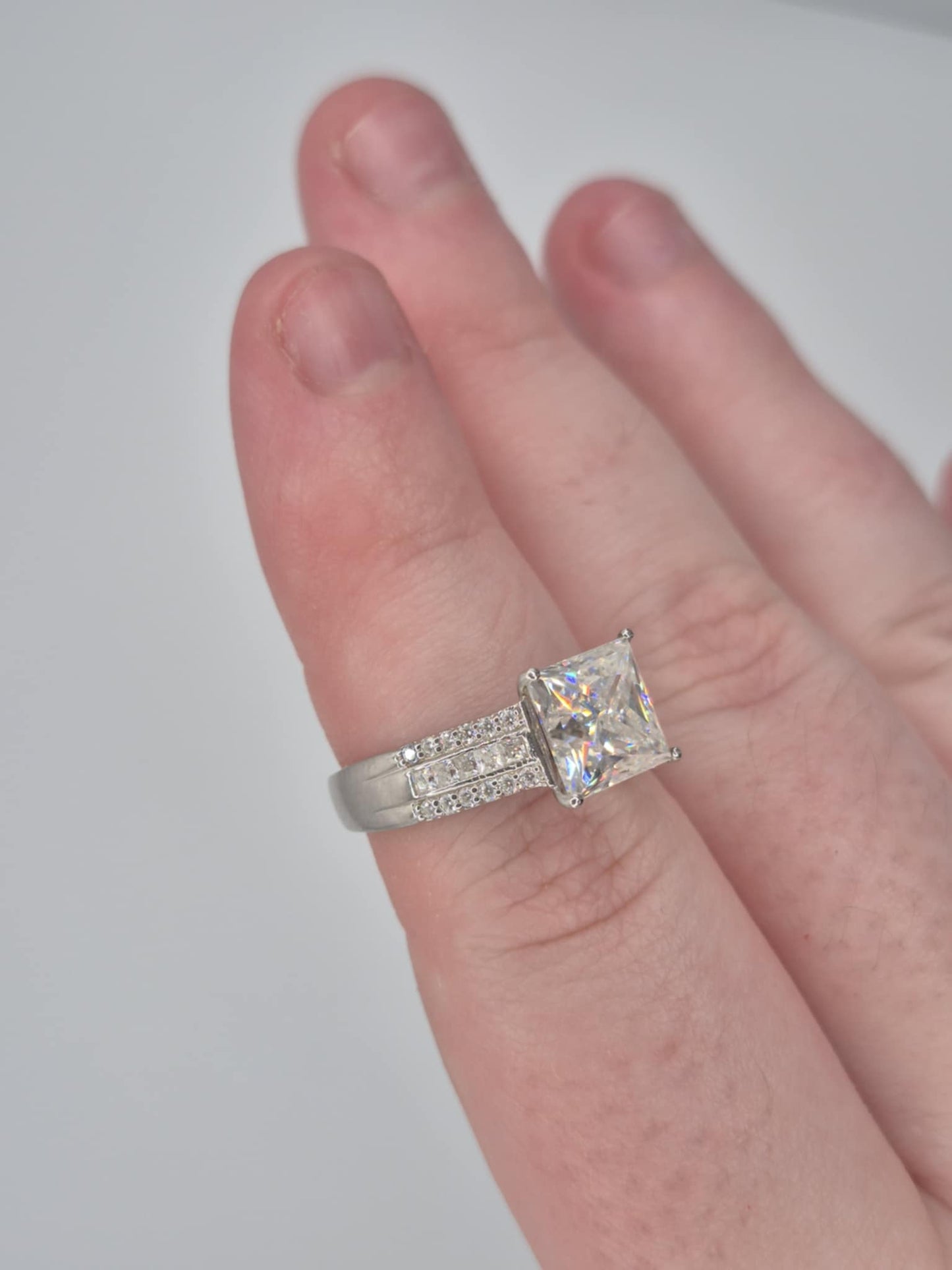 3.21ct Princess Cut Moissanite Ring in Rhodium Overlay 925 Sterling Silver SIZE N