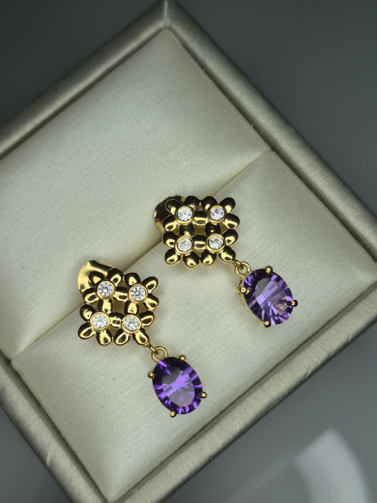 African Amethyst & White Zircon Floral Earrings in 18K Gold Overlay 925 Sterling Silver