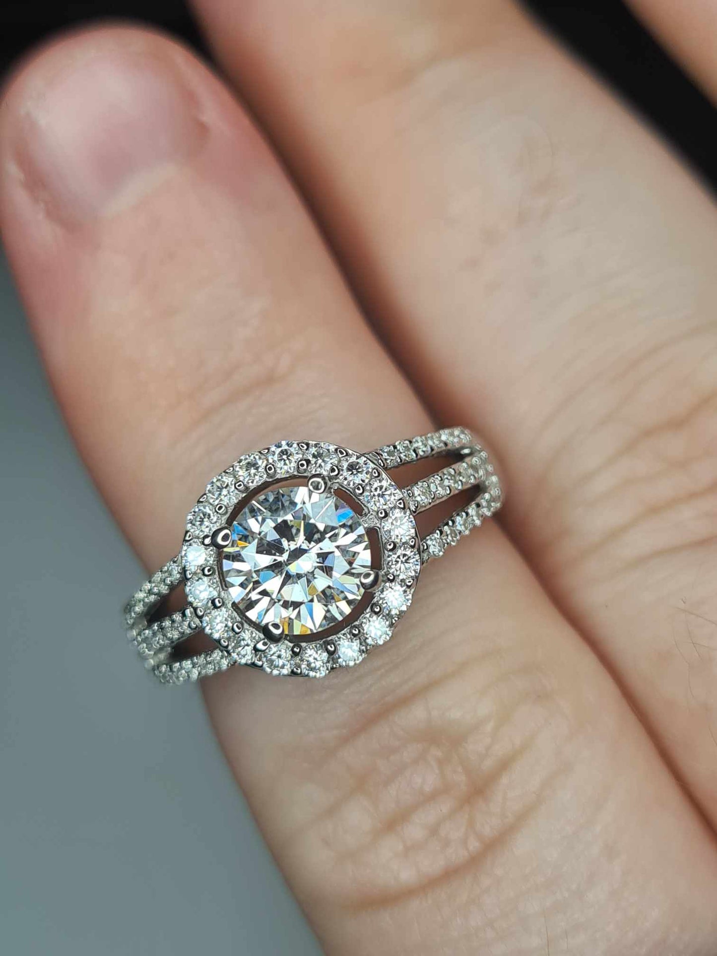 1.42ct Moissanite Halo Ring in Platinum Overlay 925 Sterling Silver SIZE L